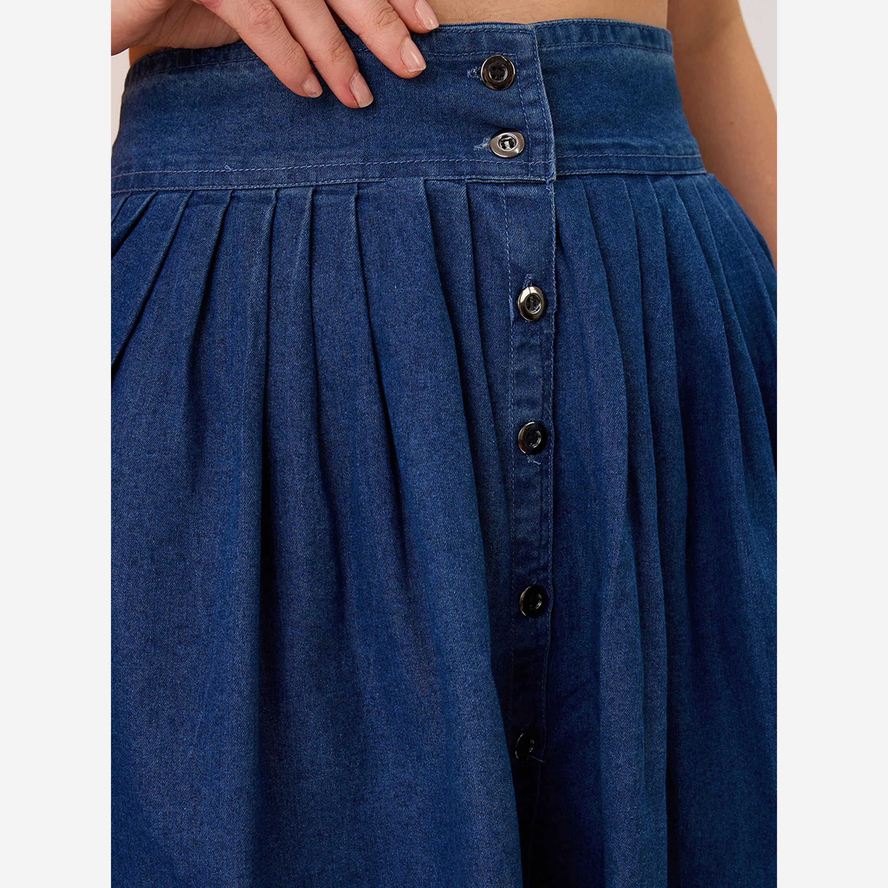 غلوبوص × ستايلي - تنورة جينز قصيرة لون أزرقمطوية بأزرار-women-clothing-bottoms-skirts-image-6