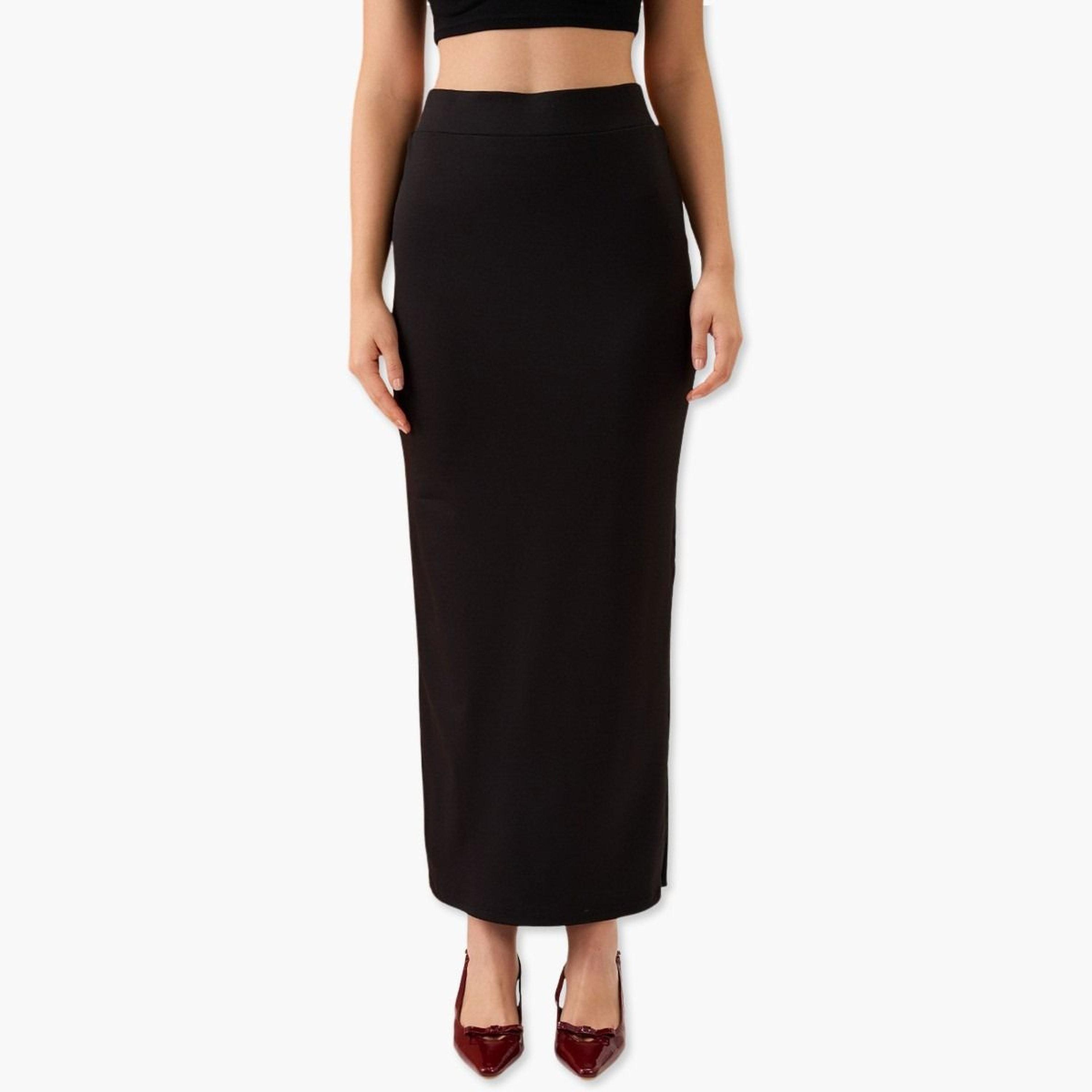 غلوبوص × ستايلي - تنورة ماكسي قلم رصاص قابلة للتمدد بفتحة جانبية سوداء-women-clothing-bottoms-skirts-image-1