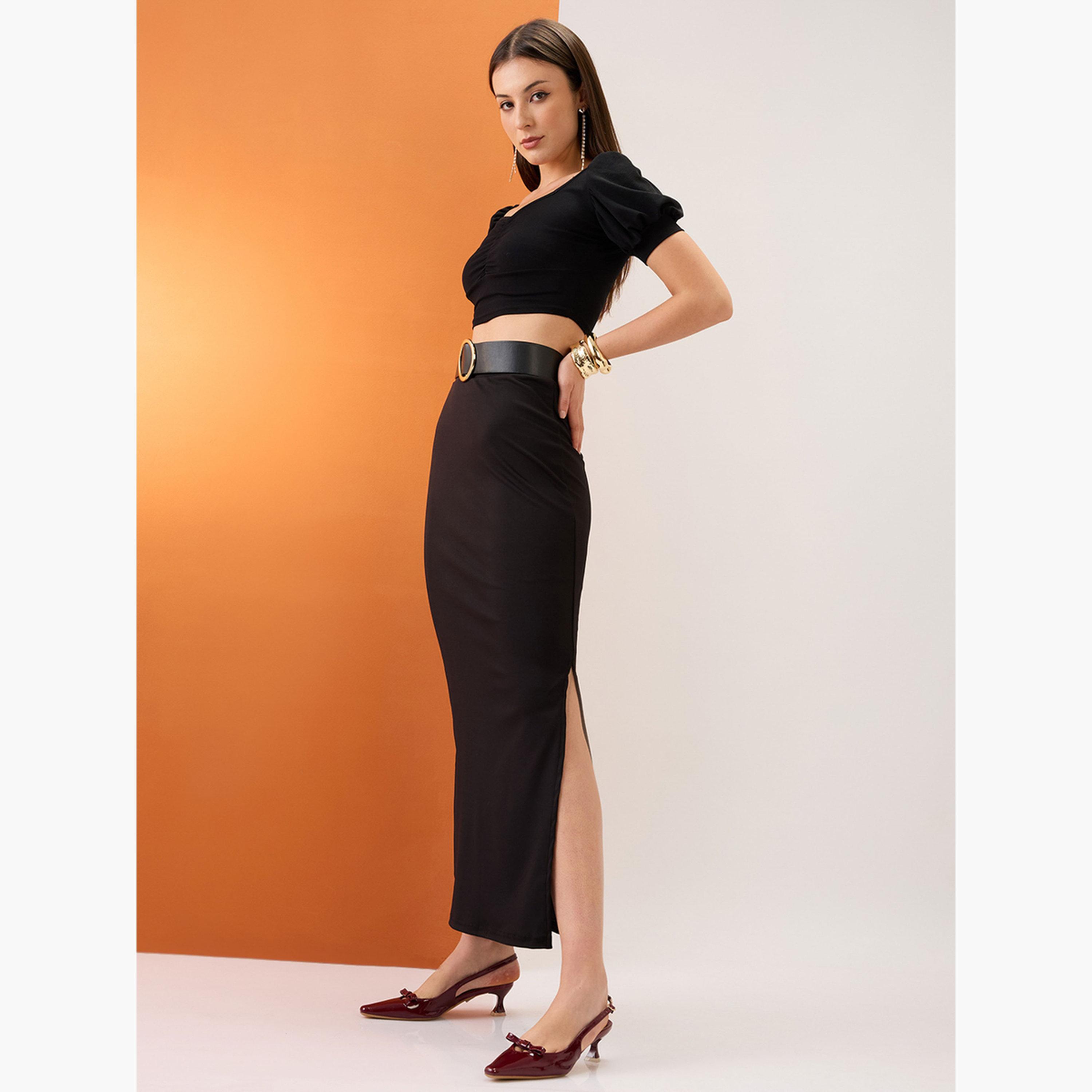 غلوبوص × ستايلي - تنورة ماكسي قلم رصاص قابلة للتمدد بفتحة جانبية سوداء-women-clothing-bottoms-skirts-image-2