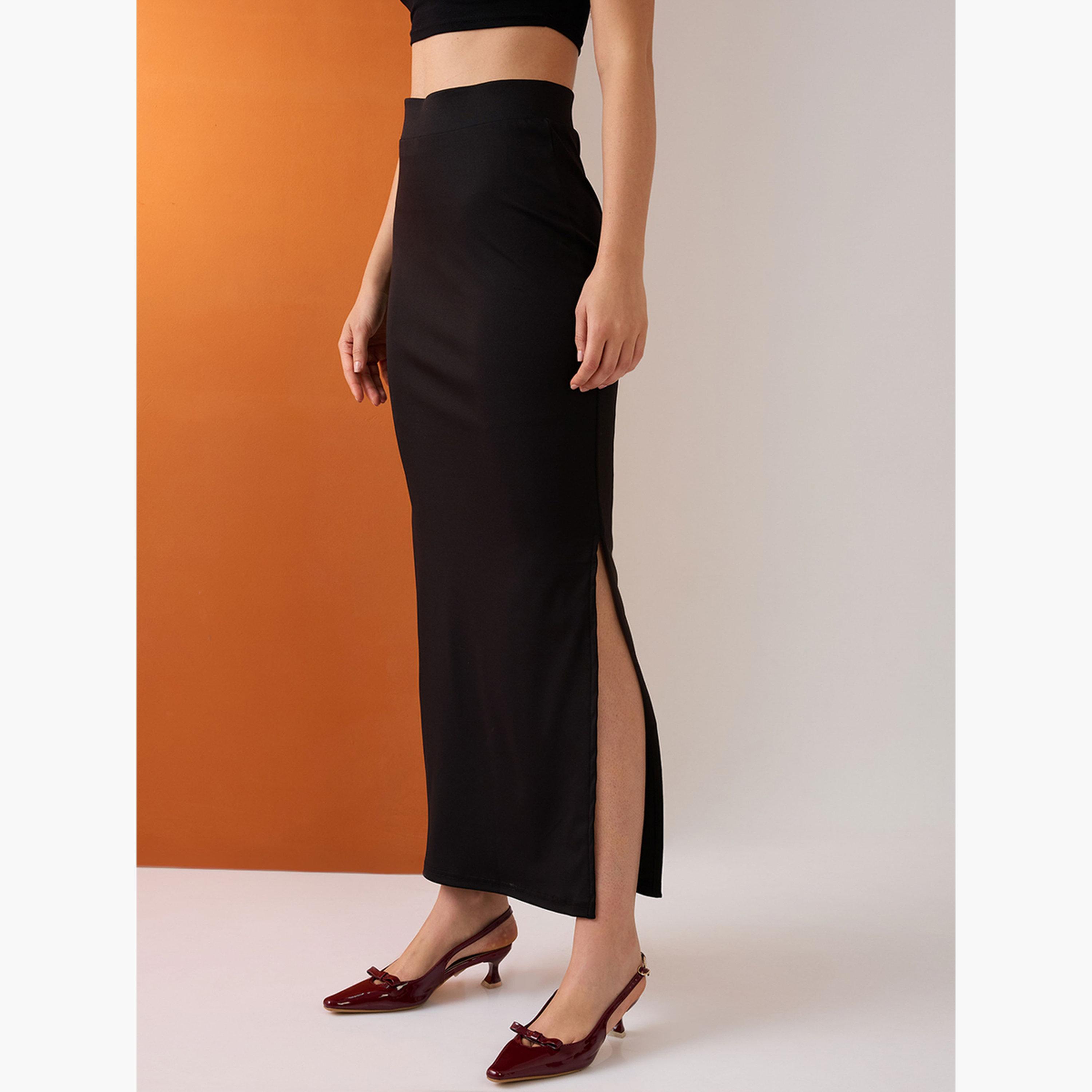 Globus X Styli Black Stretchable Side Slit Maxi Pencil Skirt-women-clothing-bottoms-skirts-image-3