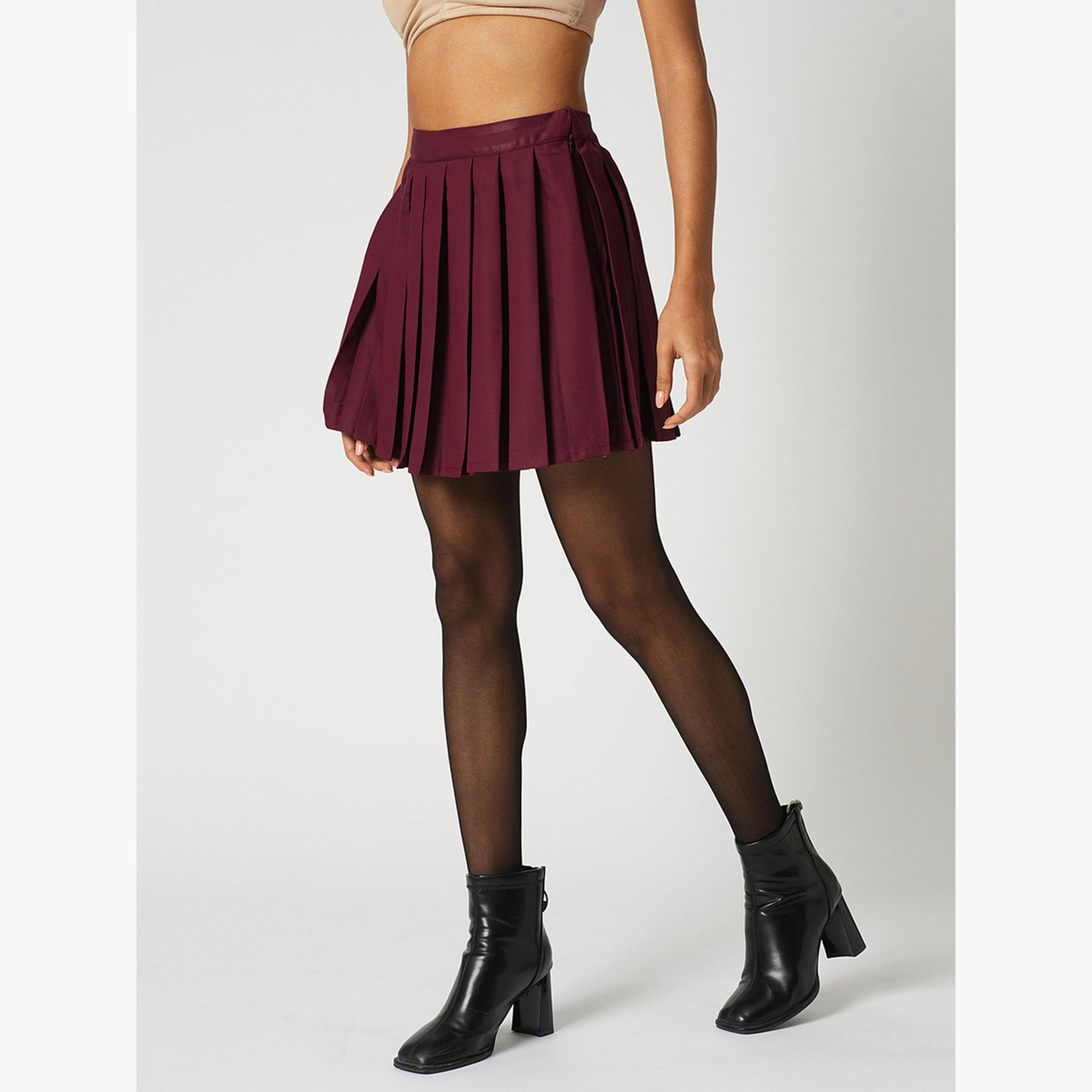 Globus X Styli Maroon Korean Pleated Mini Peplum Tennis Skirt-women-clothing-bottoms-skirts-image-3