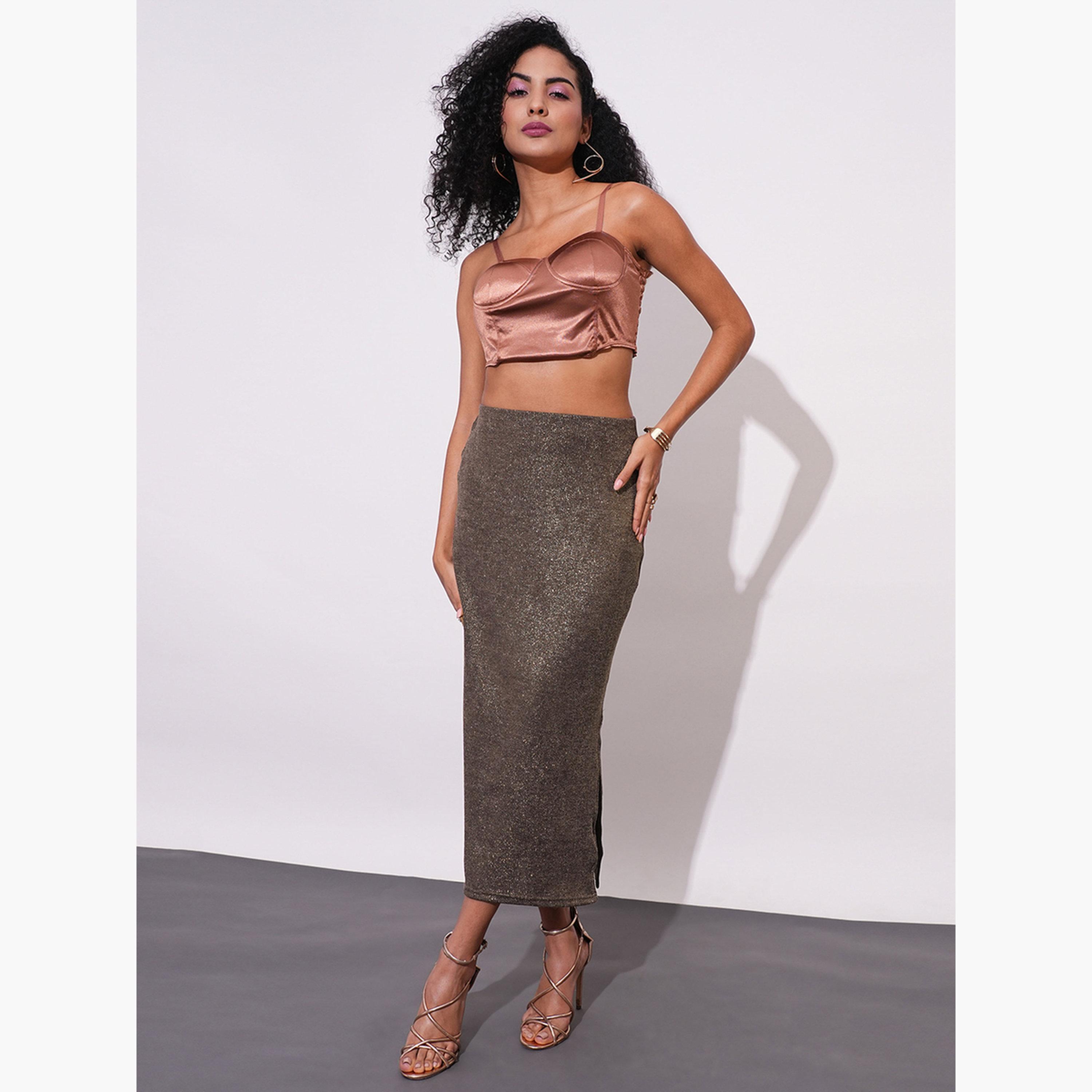 غلوبوص × ستايلي - تنورة ماكسي قلم رصاص قابلة للتمدد بفتحة جانبية باللون الذهبي-women-clothing-bottoms-skirts-image-2