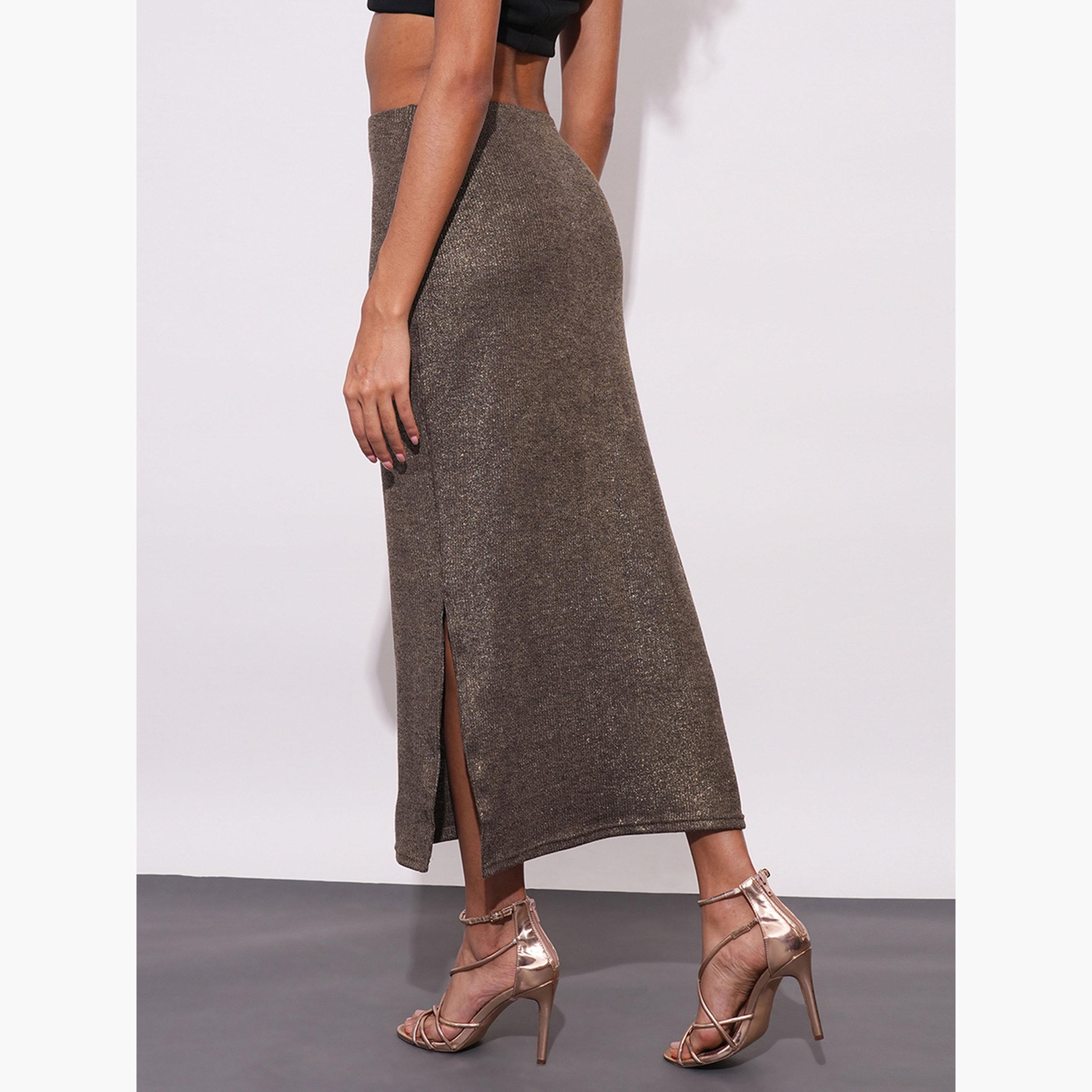 Globus X Styli Gold Stretchable Side Slit Maxi Pencil Skirt-women-clothing-bottoms-skirts-image-3