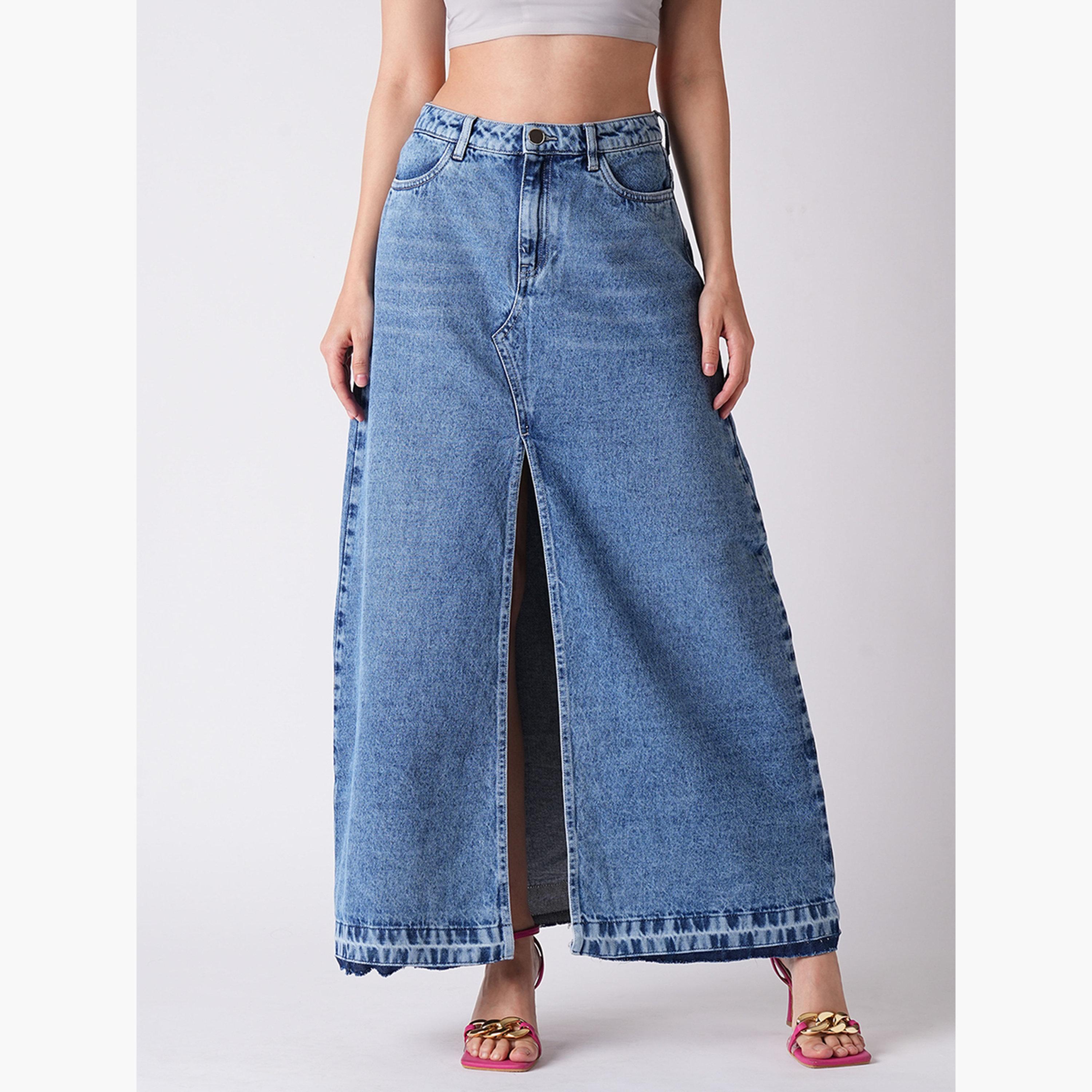 غلوبوص × ستايلي - تنورة ماكسي دنيم أزرق فاتح بفتحة أمامية-women-clothing-bottoms-skirts-image-1