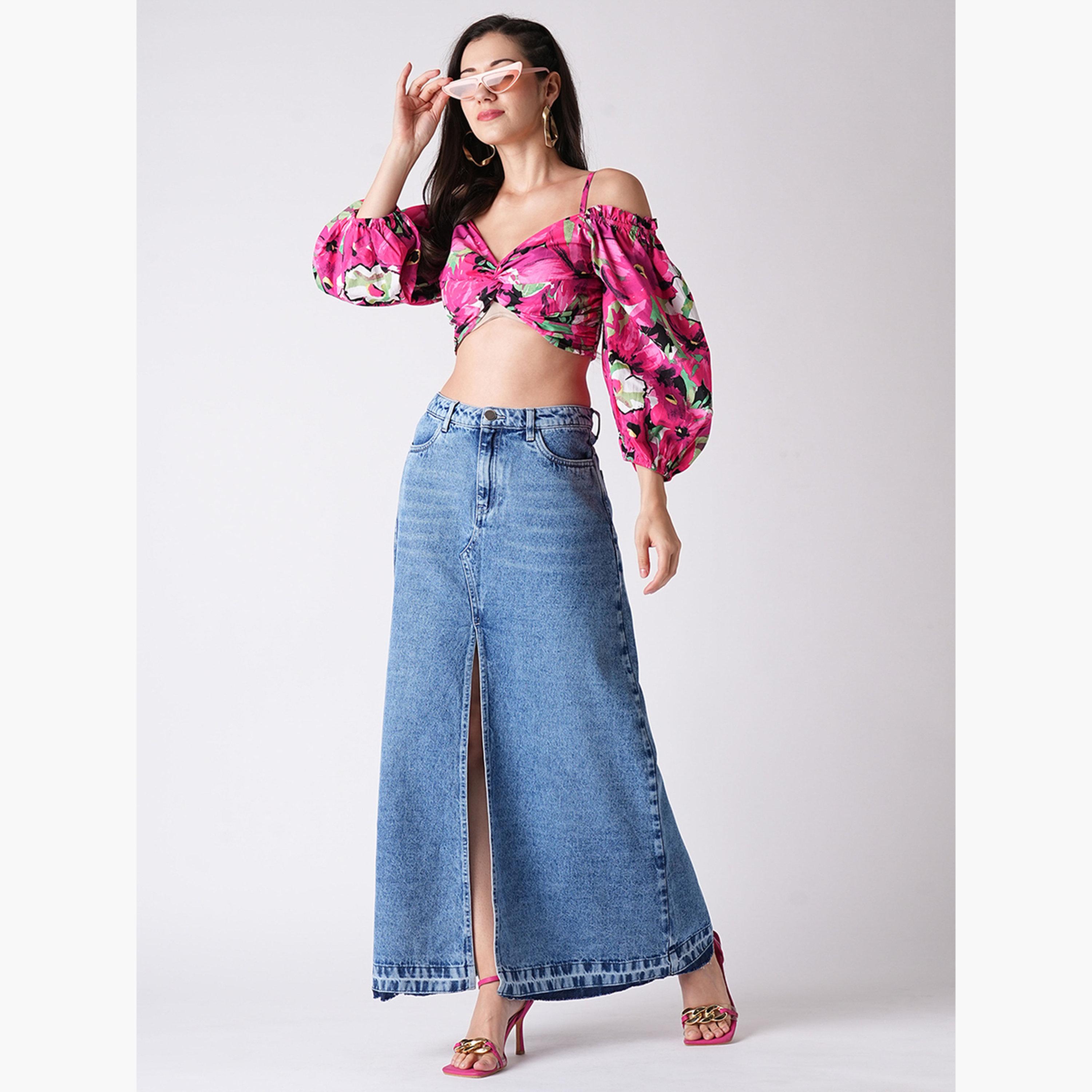 Globus X Styli Light Blue Front Slit Fringed Denim Maxi Skirt-women-clothing-bottoms-skirts-image-2
