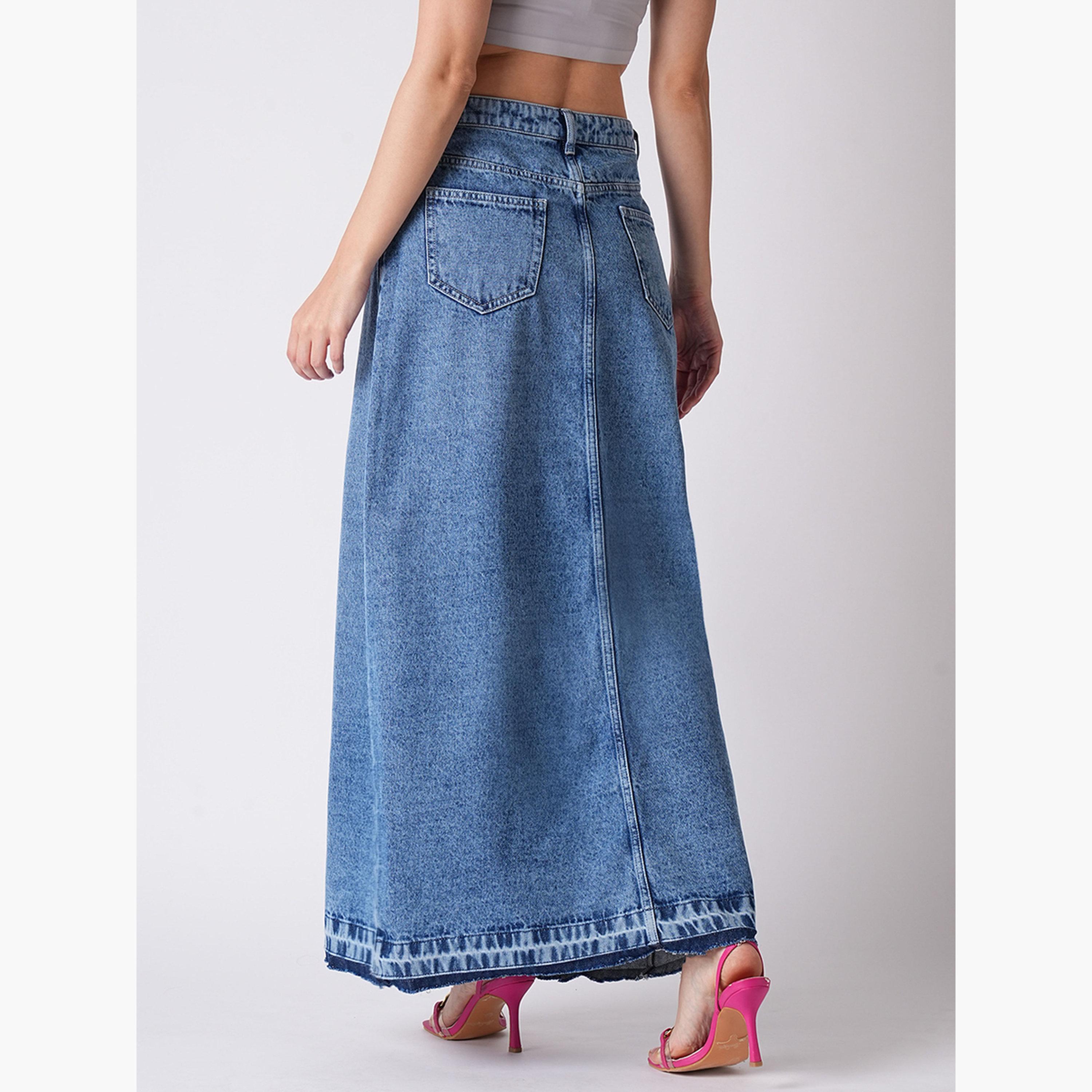 Globus X Styli Light Blue Front Slit Fringed Denim Maxi Skirt-women-clothing-bottoms-skirts-image-3