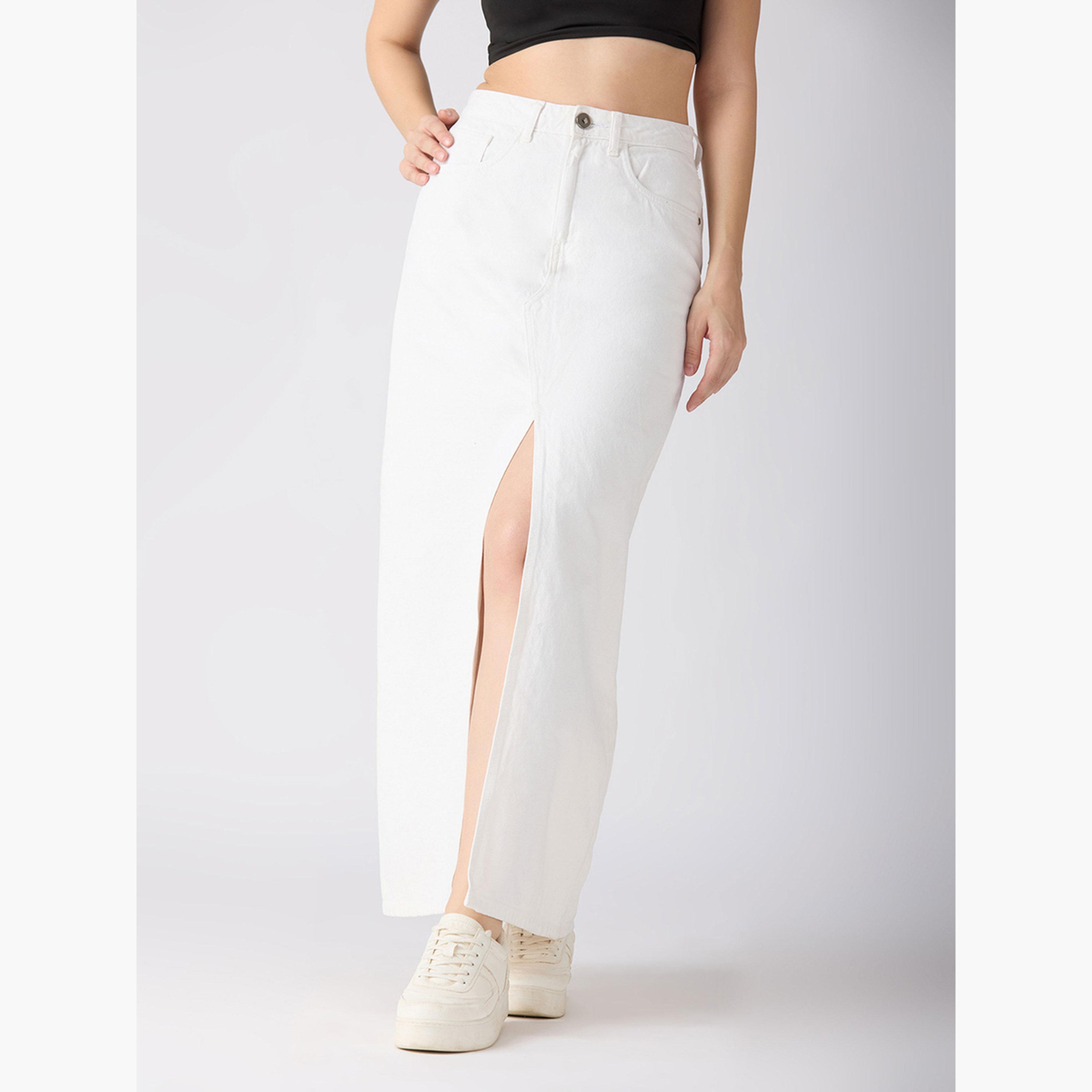غلوبوص × ستايلي - تنورة ماكسي جينز مستقيمة بفتحة أمامية بيضاء سادة-women-clothing-bottoms-skirts-image-1