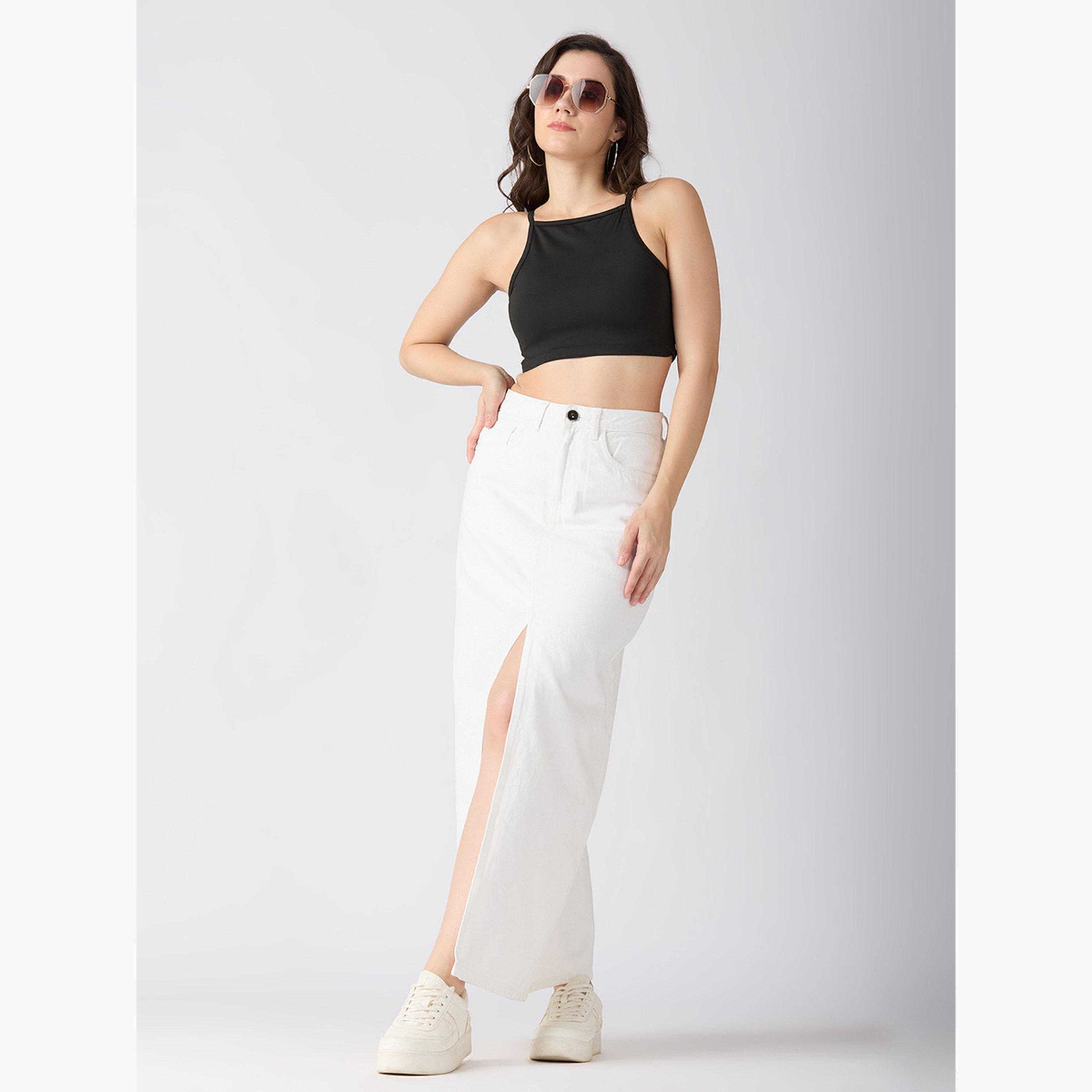 غلوبوص × ستايلي - تنورة ماكسي جينز مستقيمة بفتحة أمامية بيضاء سادة-women-clothing-bottoms-skirts-image-2