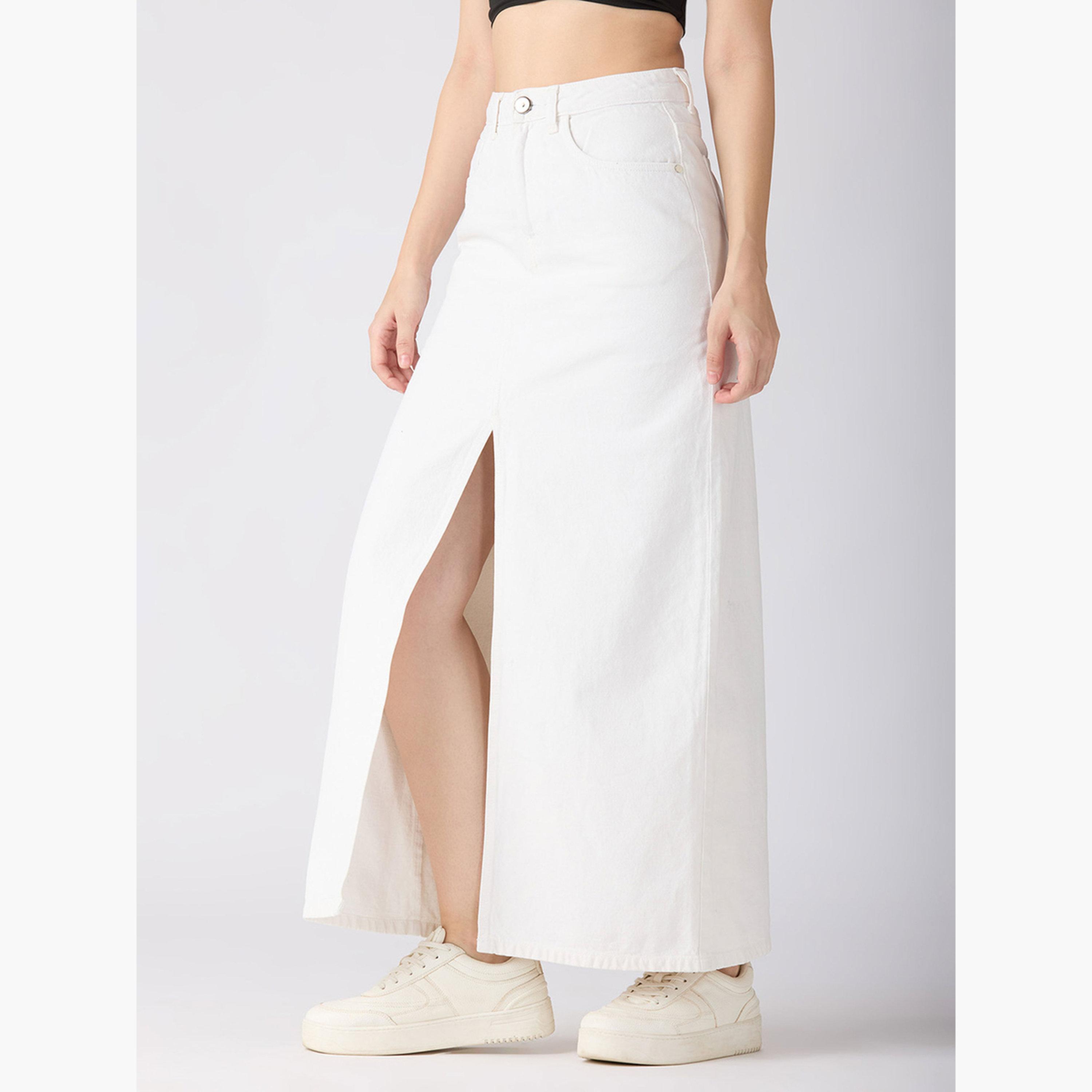 غلوبوص × ستايلي - تنورة ماكسي جينز مستقيمة بفتحة أمامية بيضاء سادة-women-clothing-bottoms-skirts-image-3