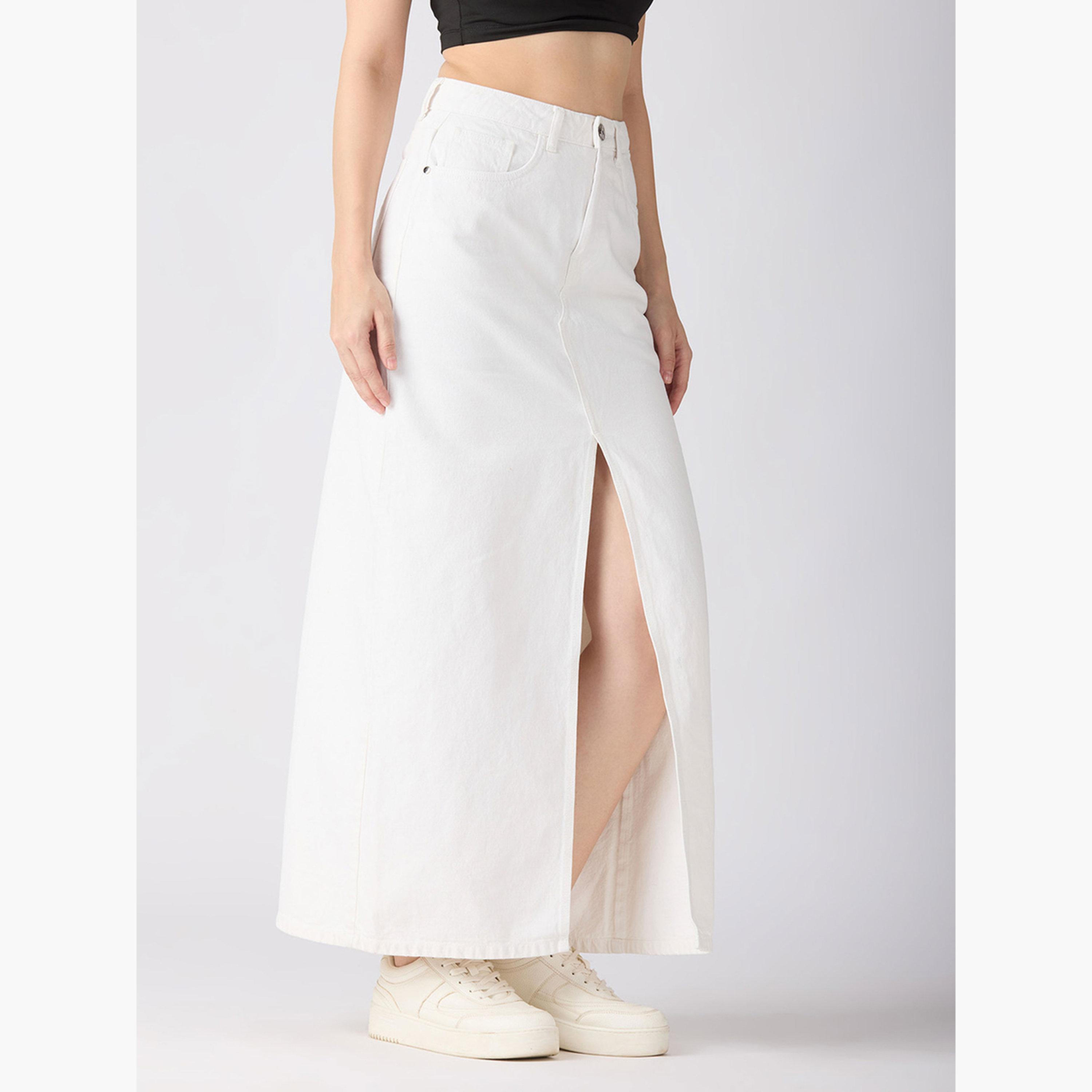 غلوبوص × ستايلي - تنورة ماكسي جينز مستقيمة بفتحة أمامية بيضاء سادة-women-clothing-bottoms-skirts-image-4