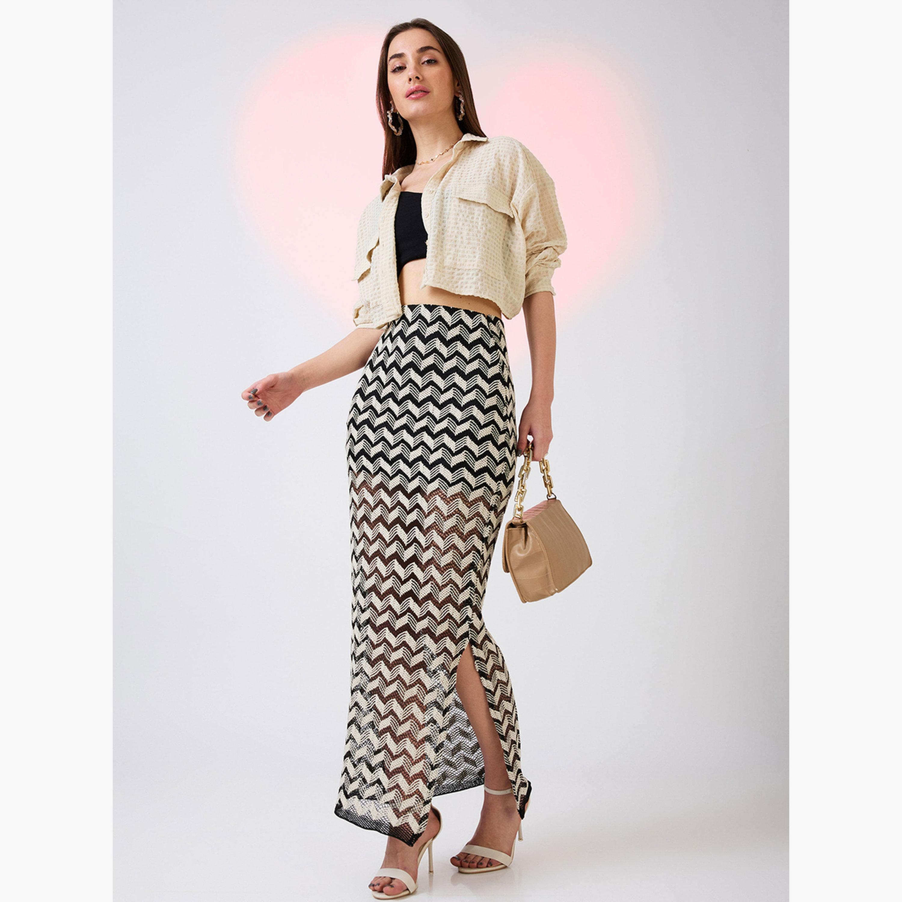 Globus X Styli Black and White Chevron Pattern Crochet Maxi Skirt-women-clothing-bottoms-skirts-image-2