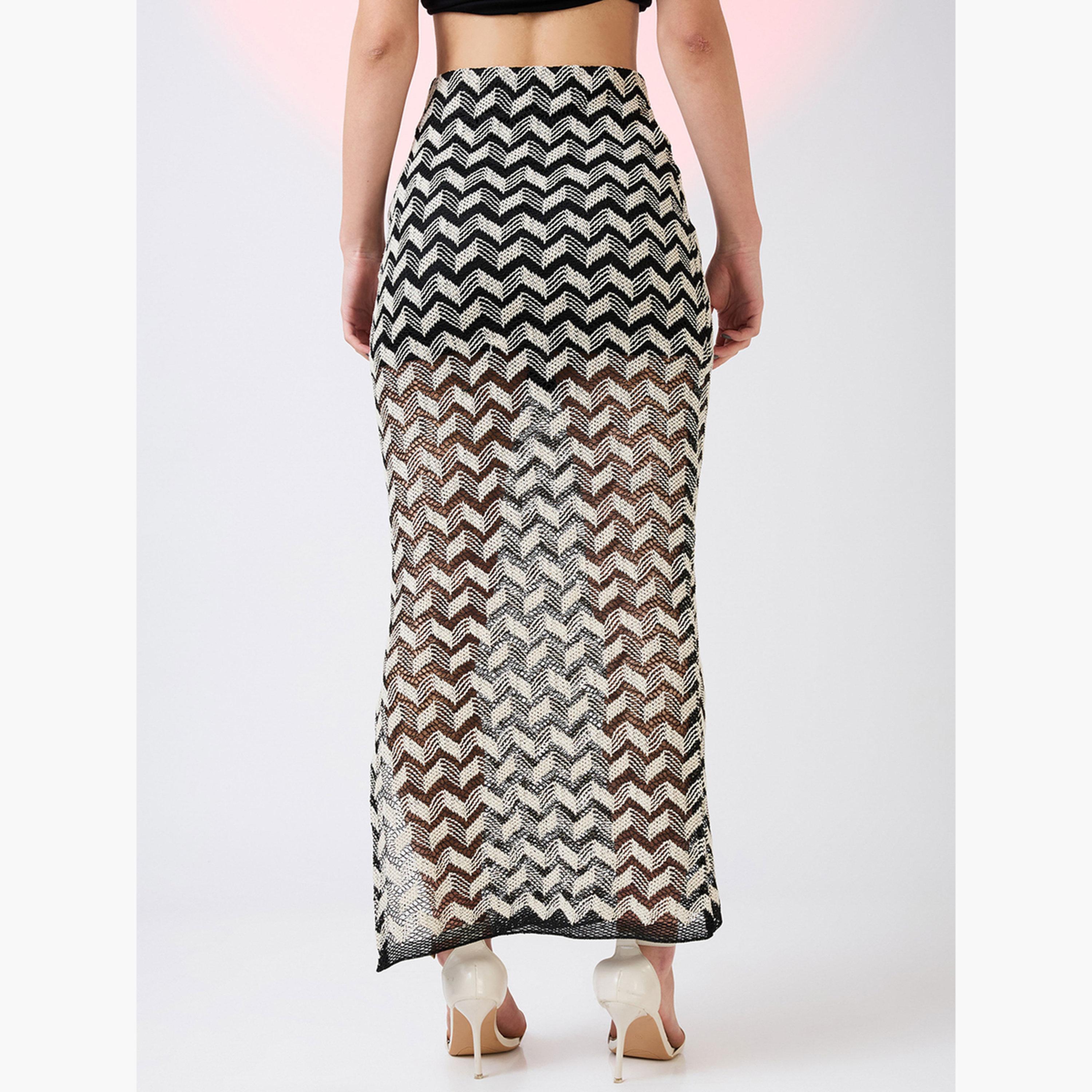 غلوبوص × ستايلي - تنورة ماكسي كروشيه بنمط شيفرون باللونين الأبيض والأسود-women-clothing-bottoms-skirts-image-4