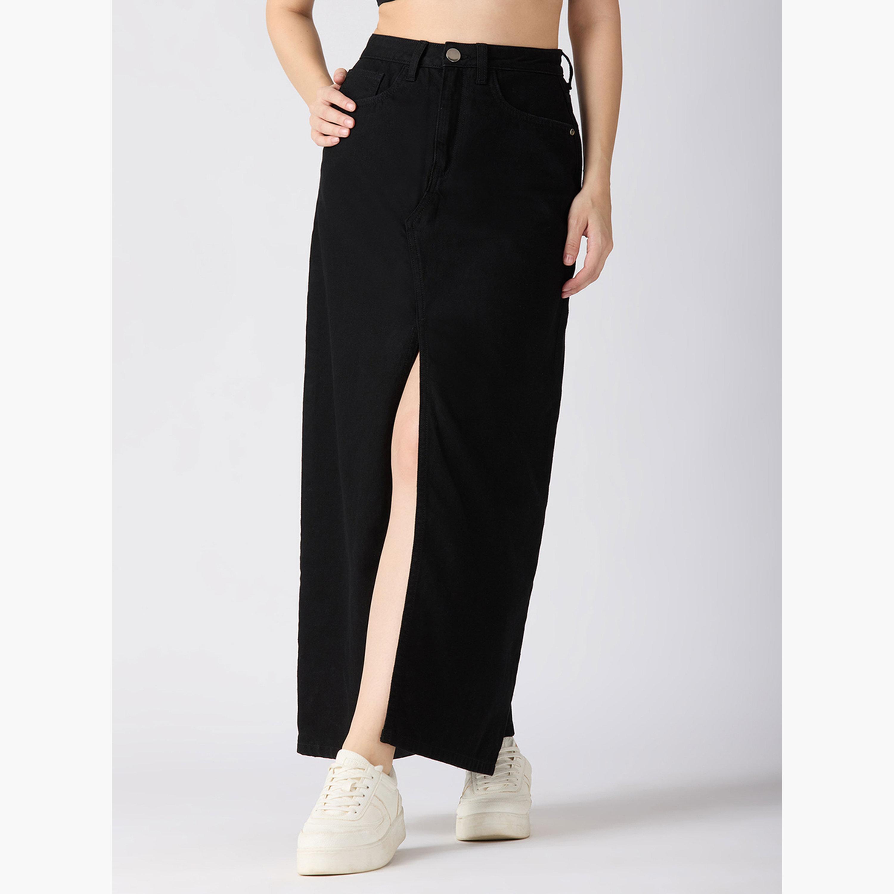 غلوبوص × ستايلي - تنورة ماكسي جينز مستقيمة بفتحة أمامية سوداء-women-clothing-bottoms-skirts-image-1