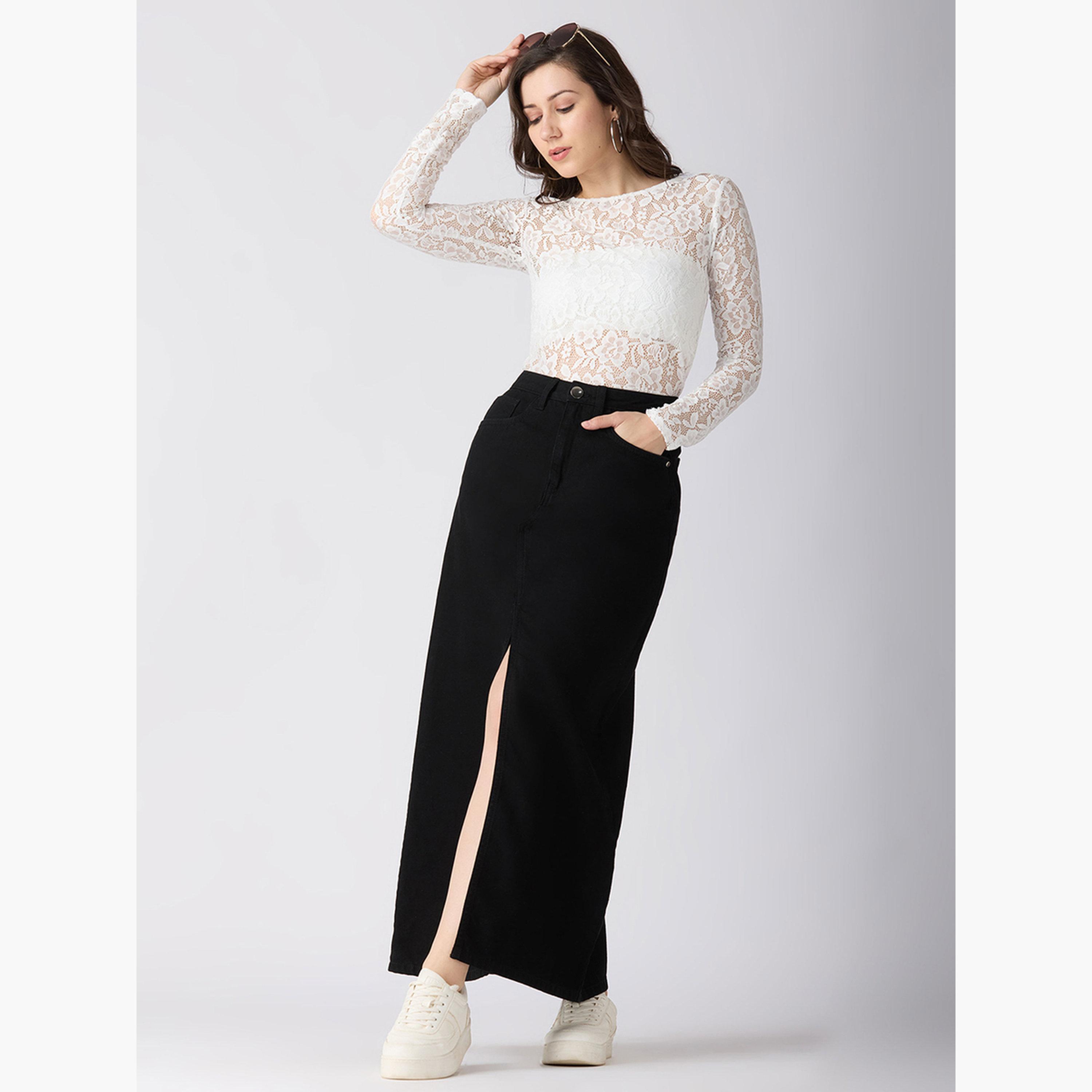 Globus X Styli Black Solid Front Slit Straight Denim Maxi Skirt-women-clothing-bottoms-skirts-image-2