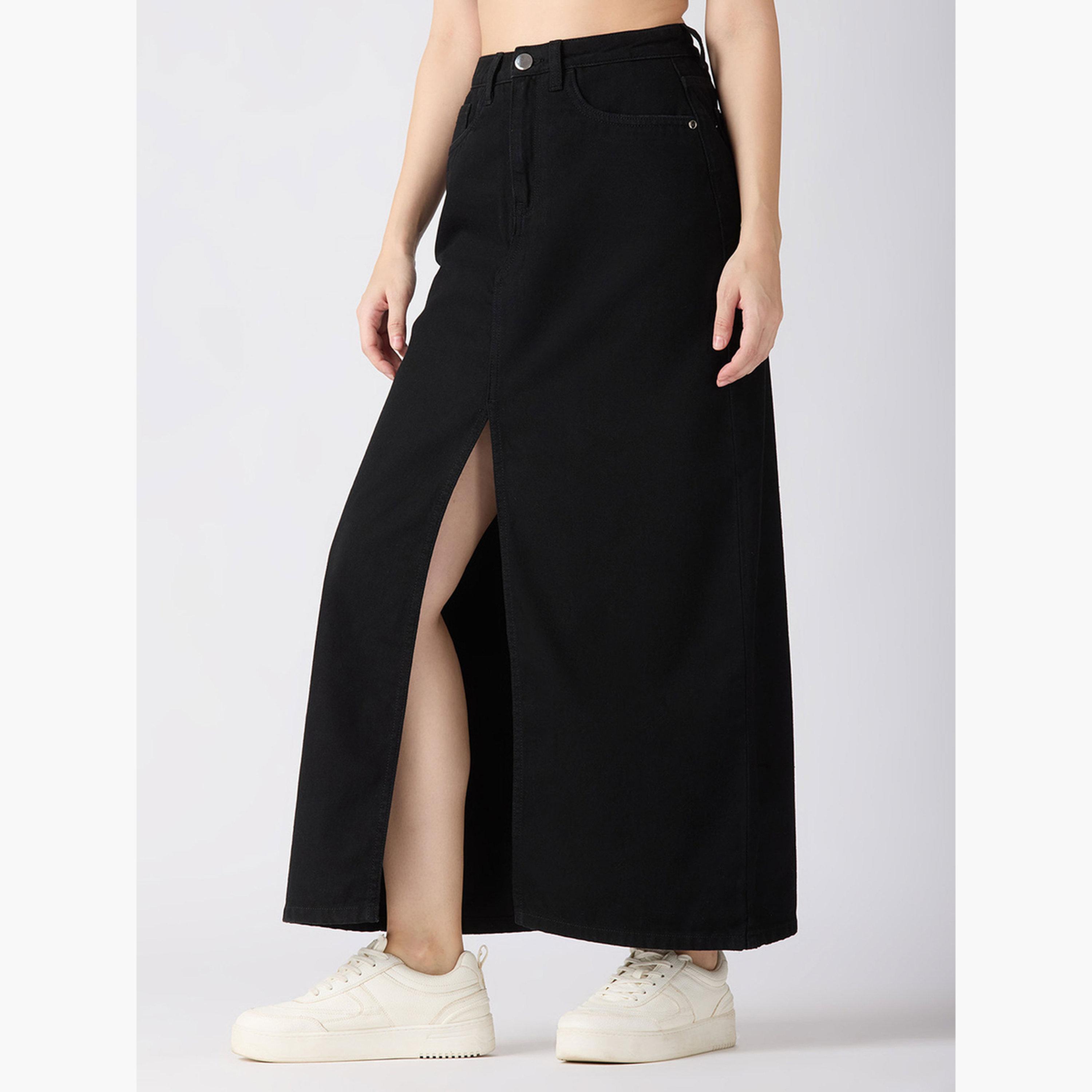 Globus X Styli Black Solid Front Slit Straight Denim Maxi Skirt-women-clothing-bottoms-skirts-image-3