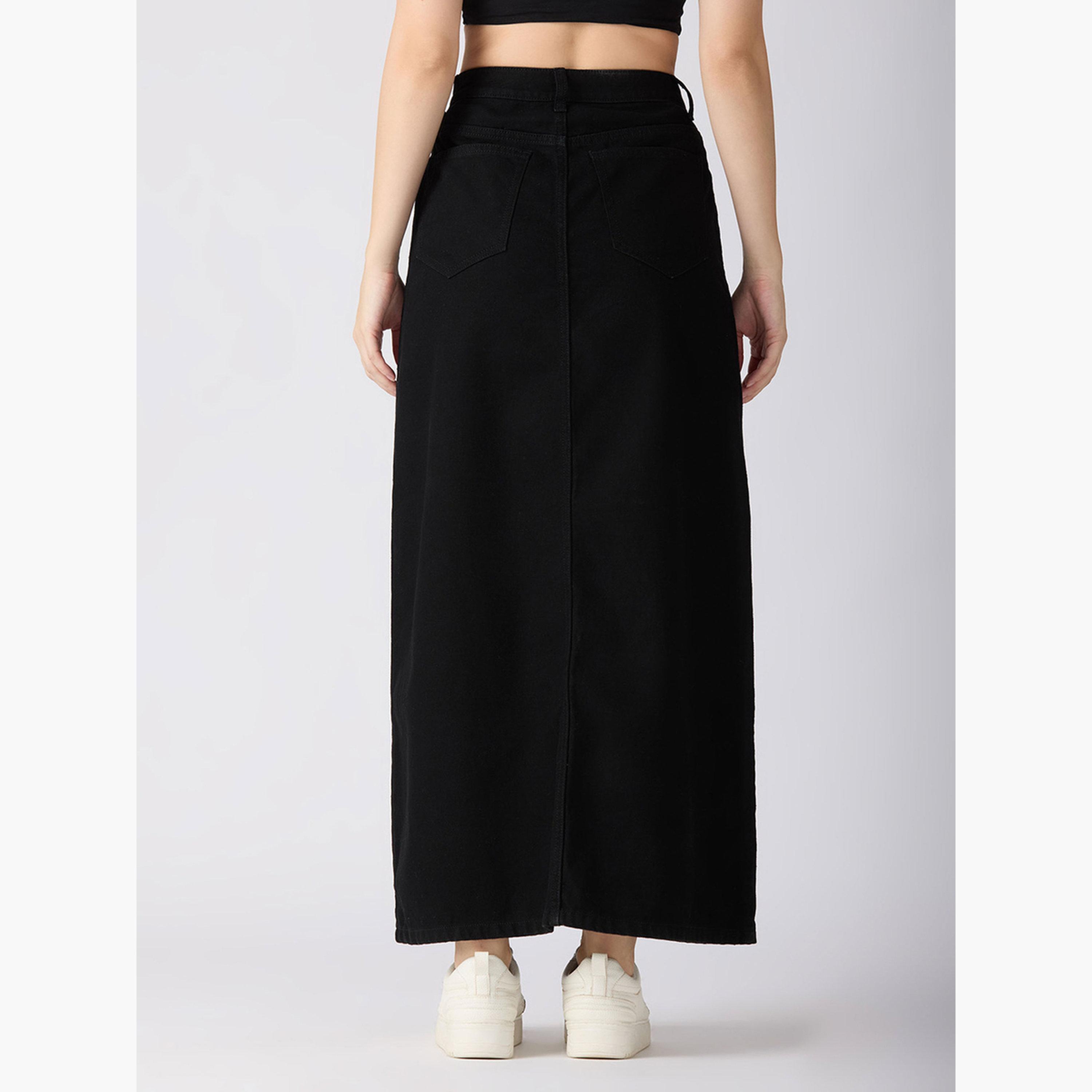 Globus X Styli Black Solid Front Slit Straight Denim Maxi Skirt-women-clothing-bottoms-skirts-image-4
