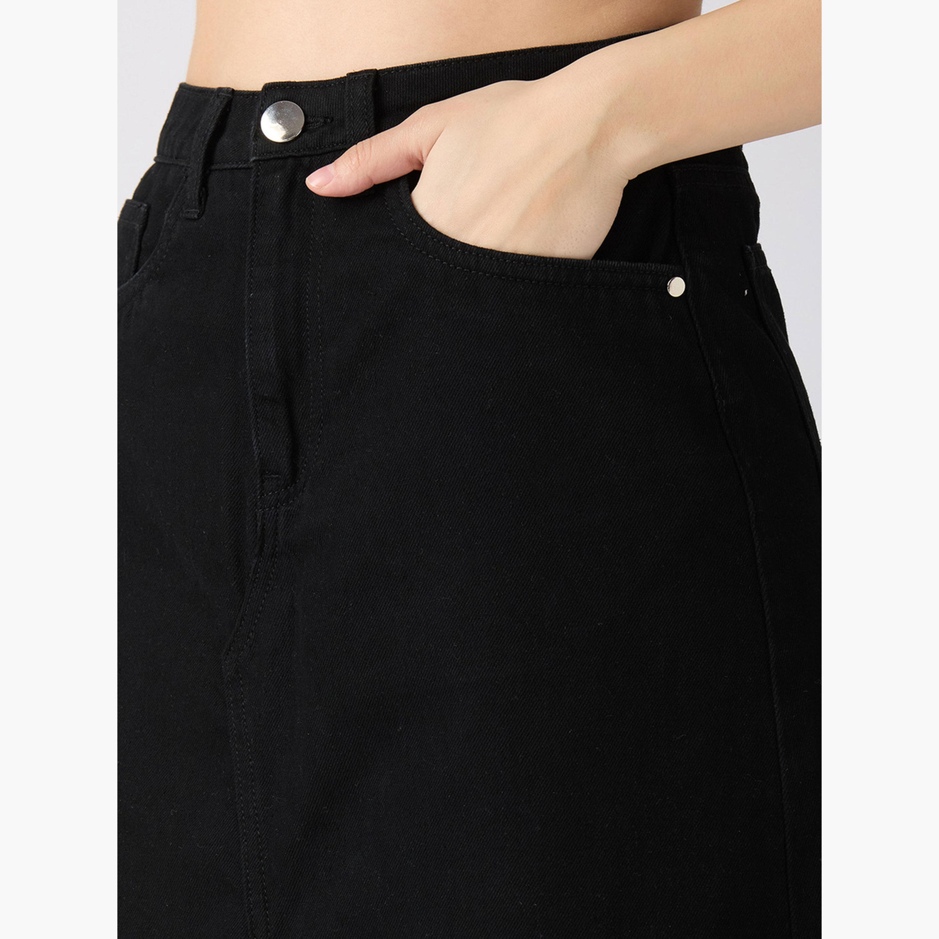 Globus X Styli Black Solid Front Slit Straight Denim Maxi Skirt-women-clothing-bottoms-skirts-image-5