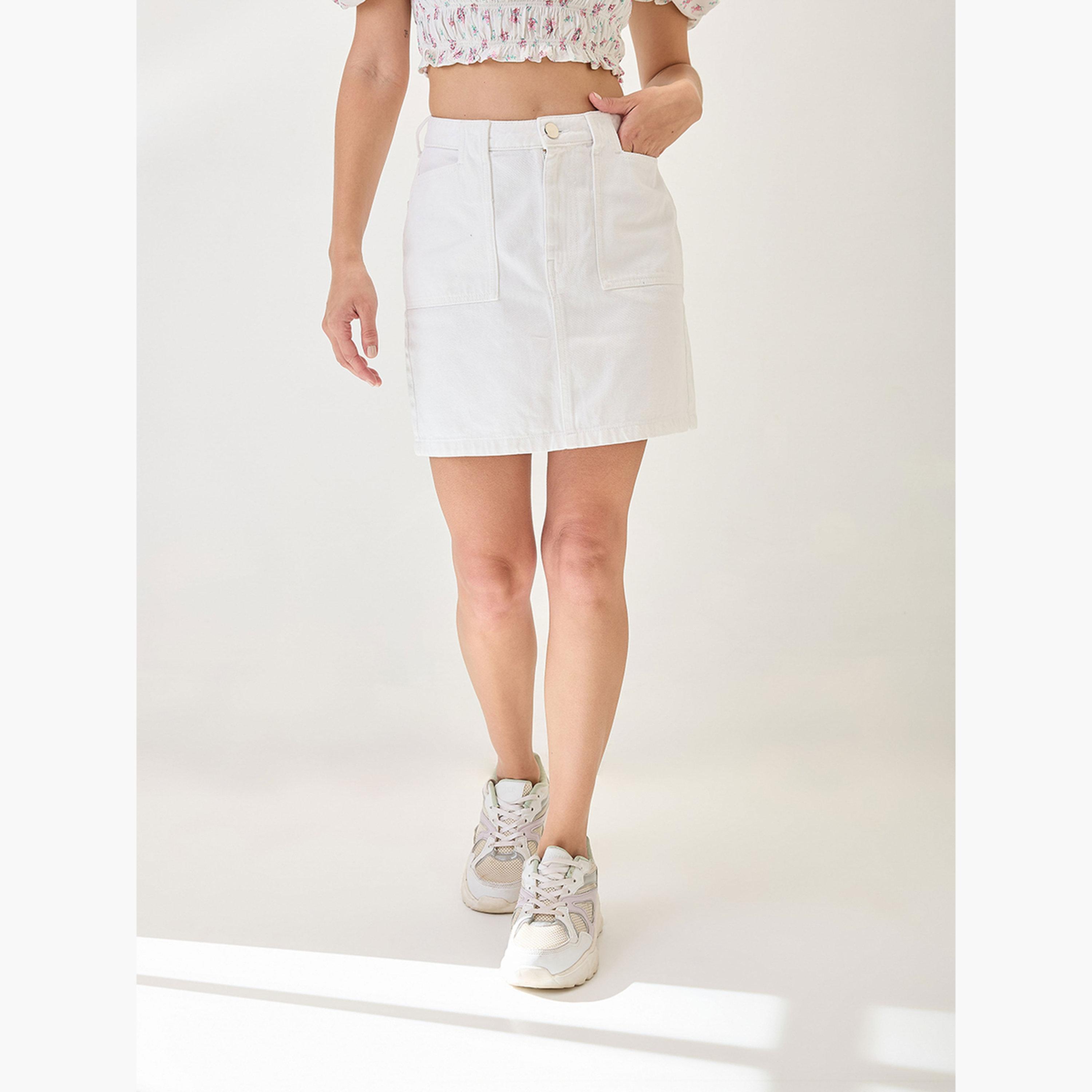 غلوبوص × ستايلي - تنورة قصيرة جينز قطني أبيض-women-clothing-bottoms-skirts-image-1