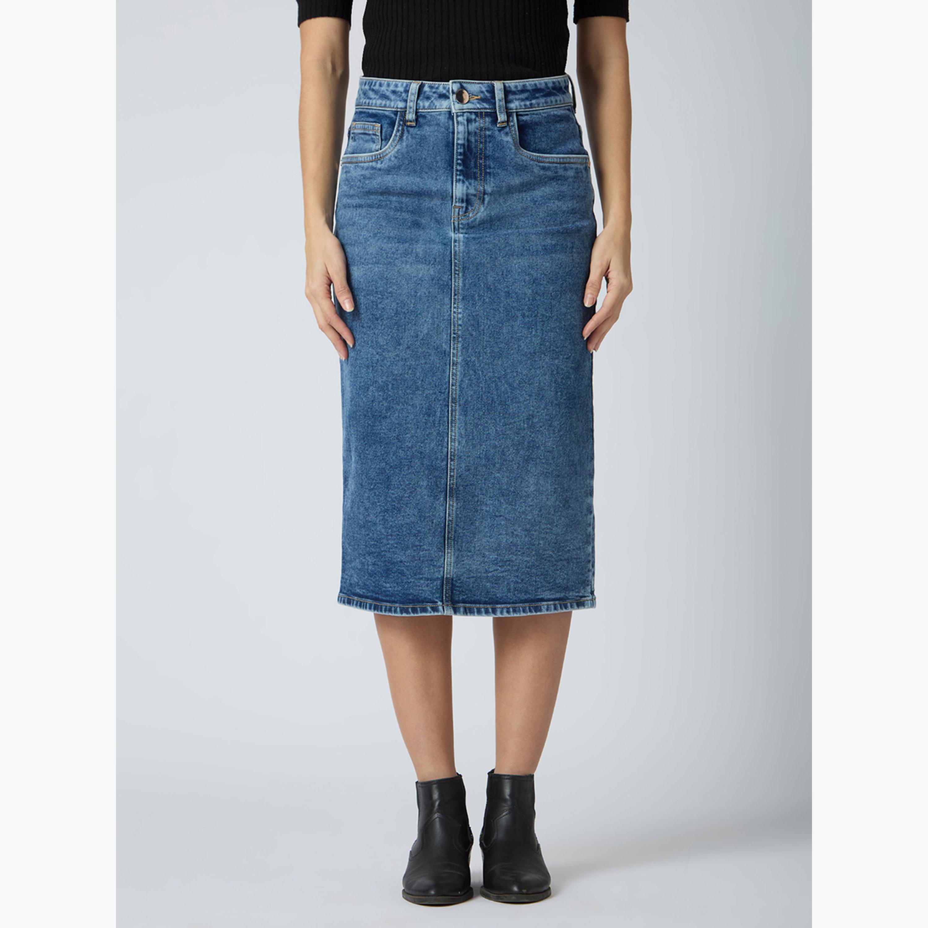 غلوبوص × ستايلي - تنورة جينز متوسطة الطول باللون الأزرق-women-clothing-bottoms-skirts-image-1