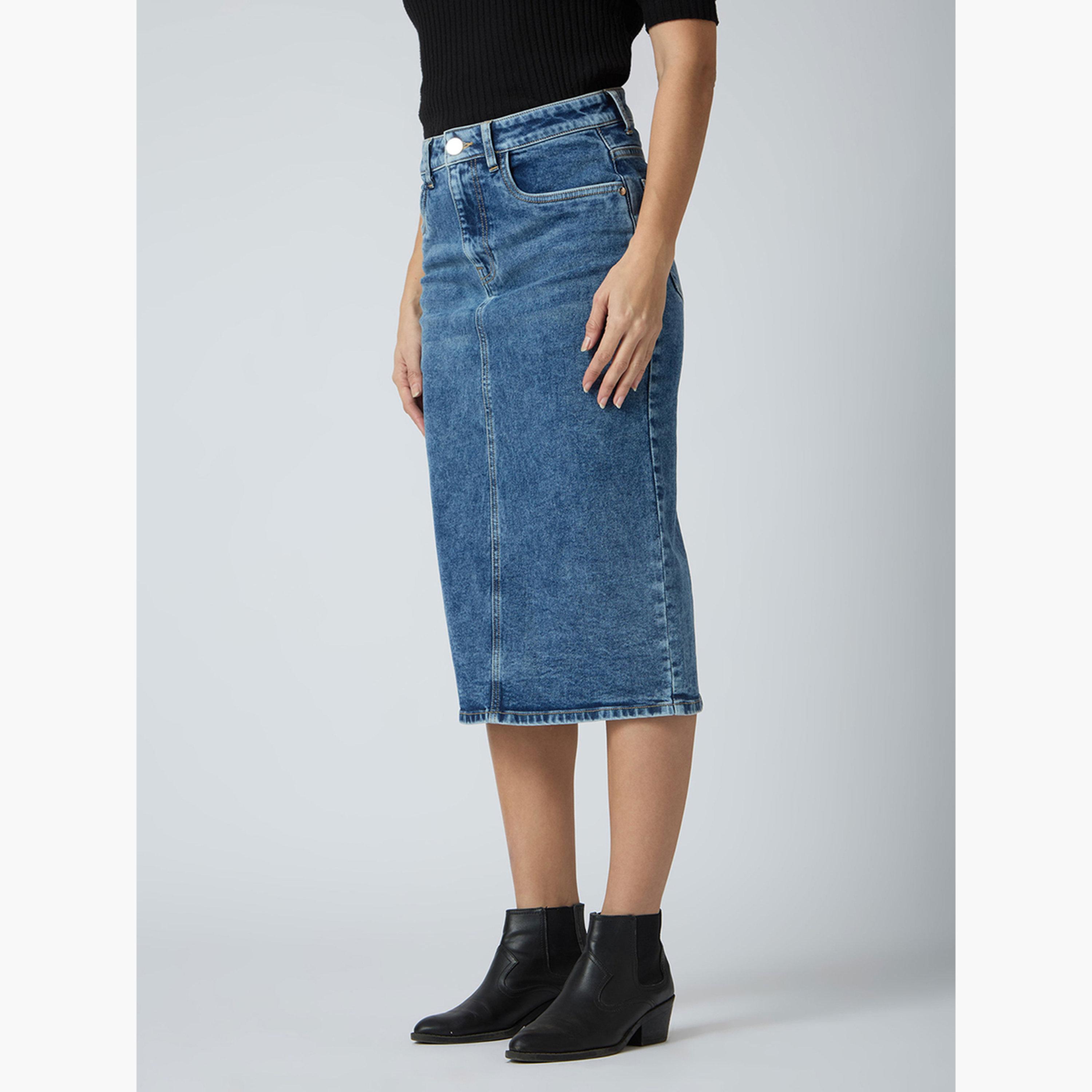 Globus X Styli Blue Solid Denim Midi Skirt-women-clothing-bottoms-skirts-image-3