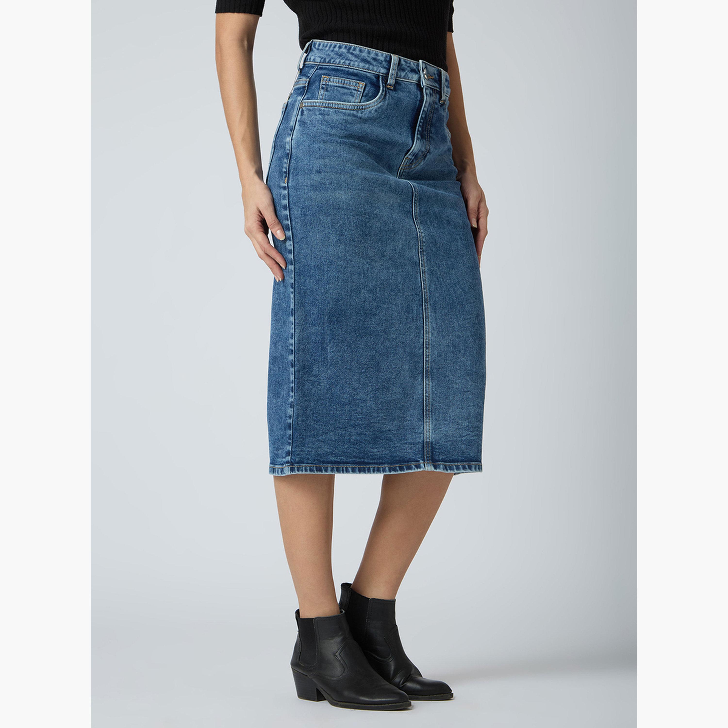 Globus X Styli Blue Solid Denim Midi Skirt-women-clothing-bottoms-skirts-image-4