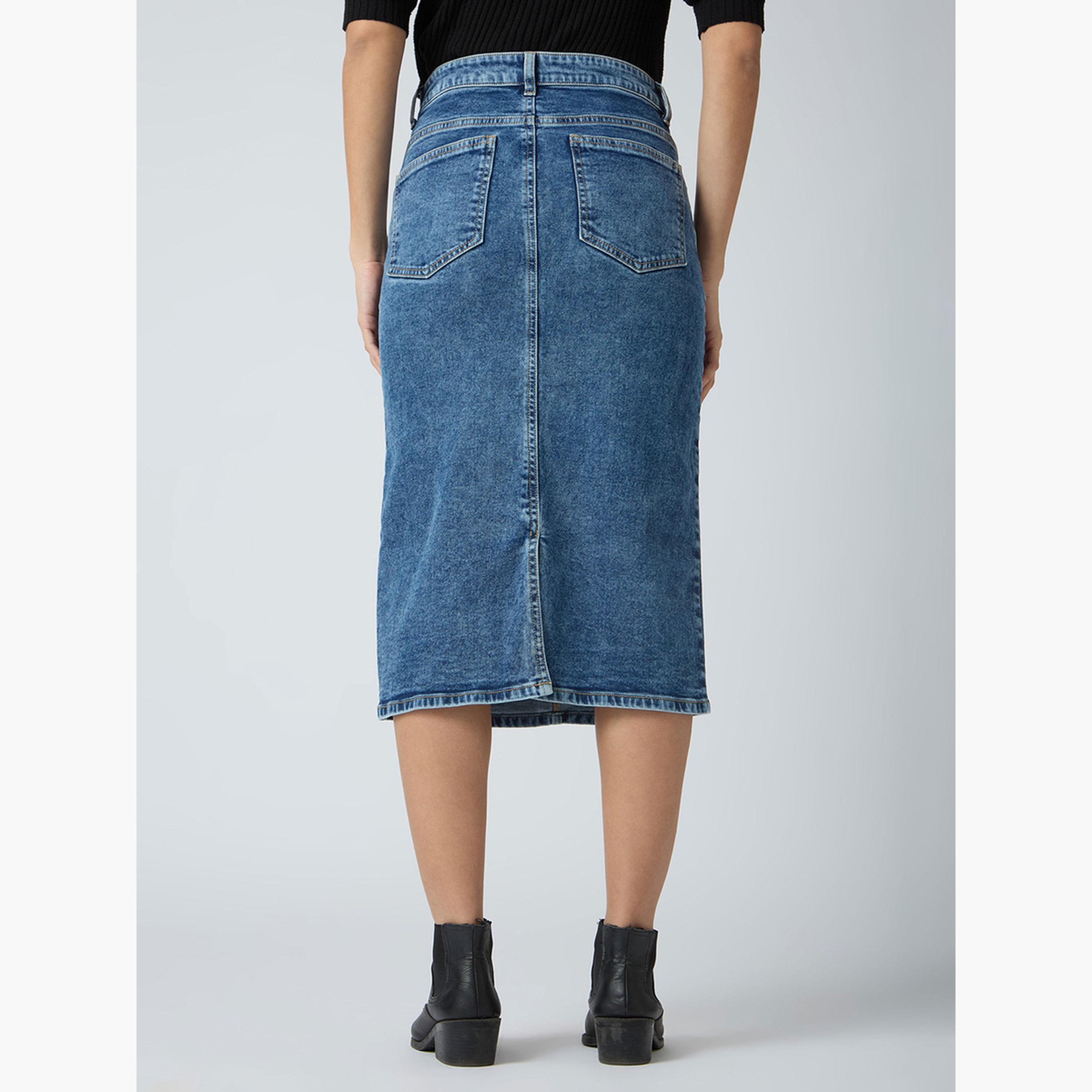 Globus X Styli Blue Solid Denim Midi Skirt-women-clothing-bottoms-skirts-image-5