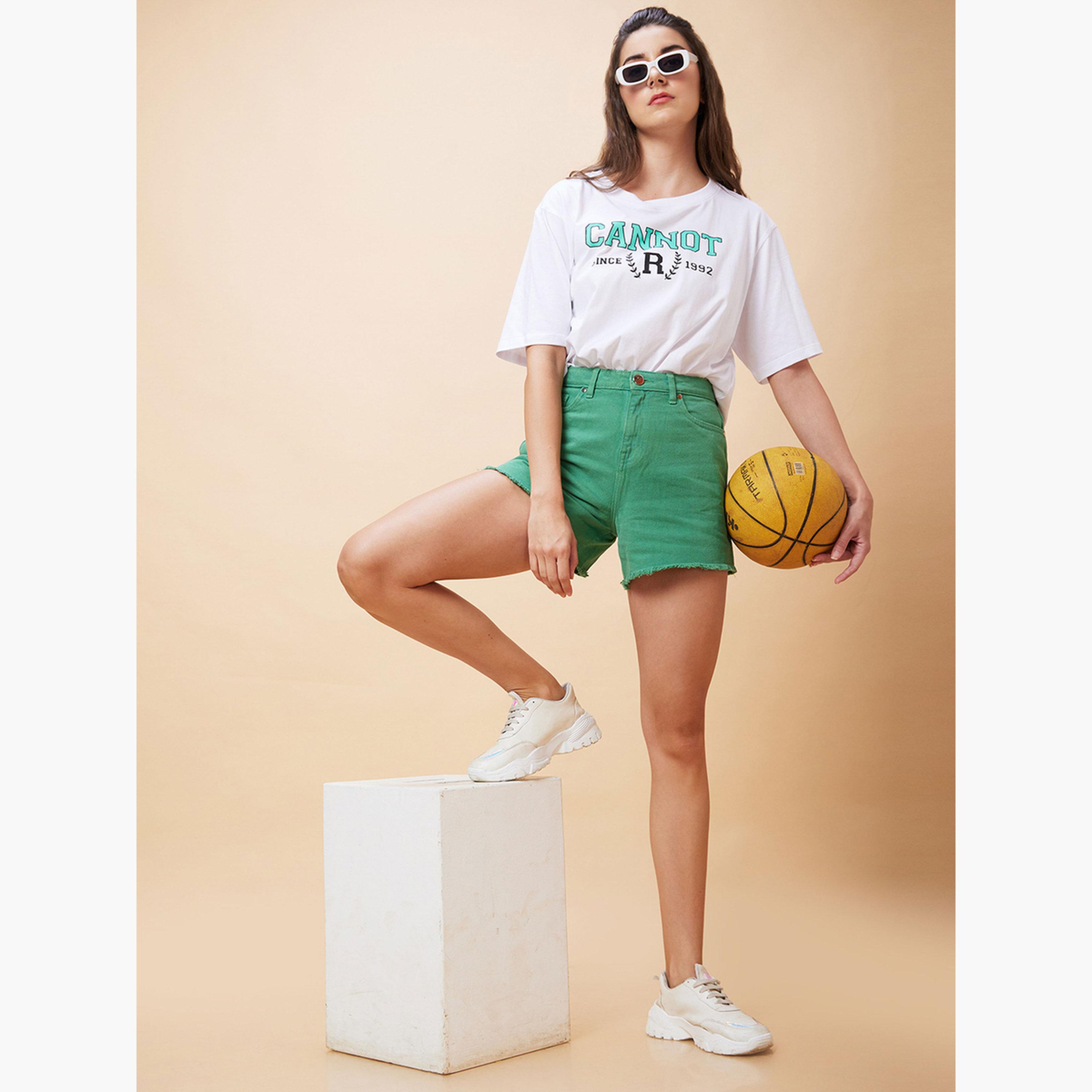 Globus X Styli Green Frayed Hem Denim Shorts-women-clothing-bottoms-shorts-image-2
