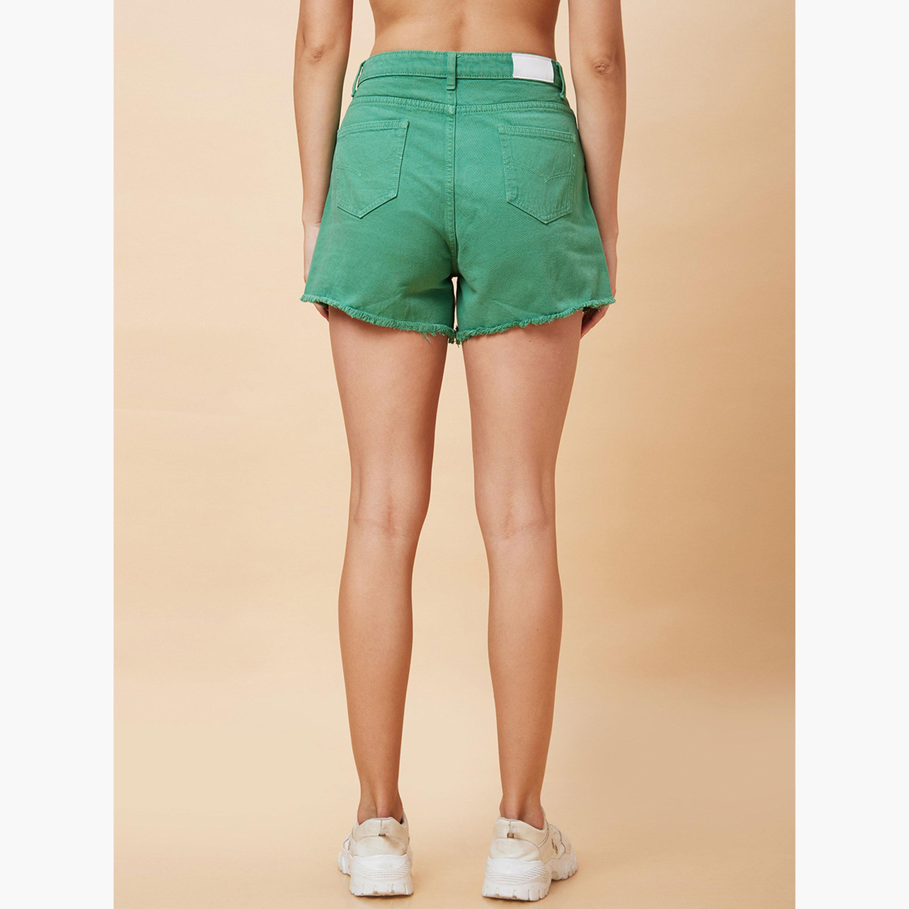Globus X Styli Green Frayed Hem Denim Shorts-women-clothing-bottoms-shorts-image-4