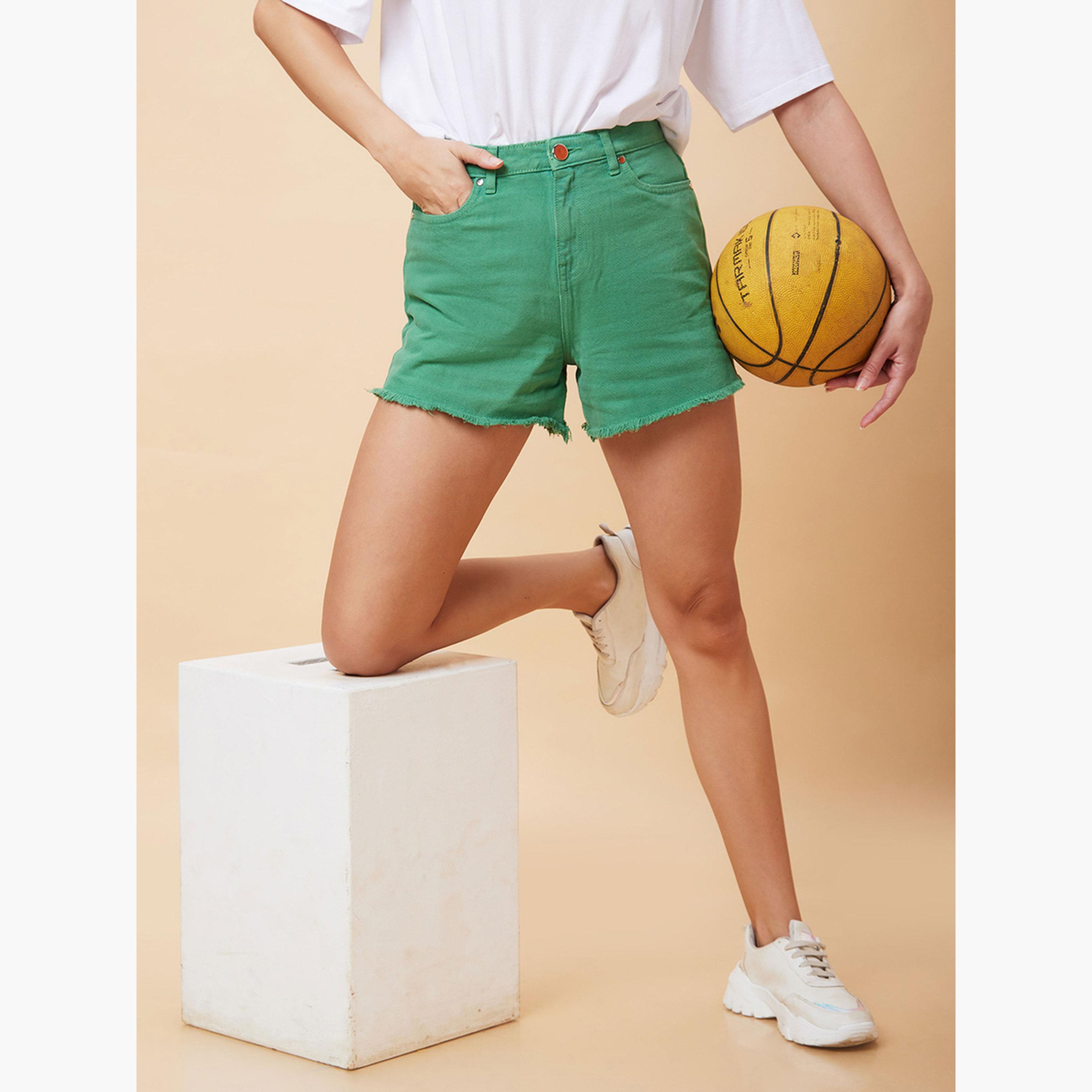 Globus X Styli Green Frayed Hem Denim Shorts-women-clothing-bottoms-shorts-image-6