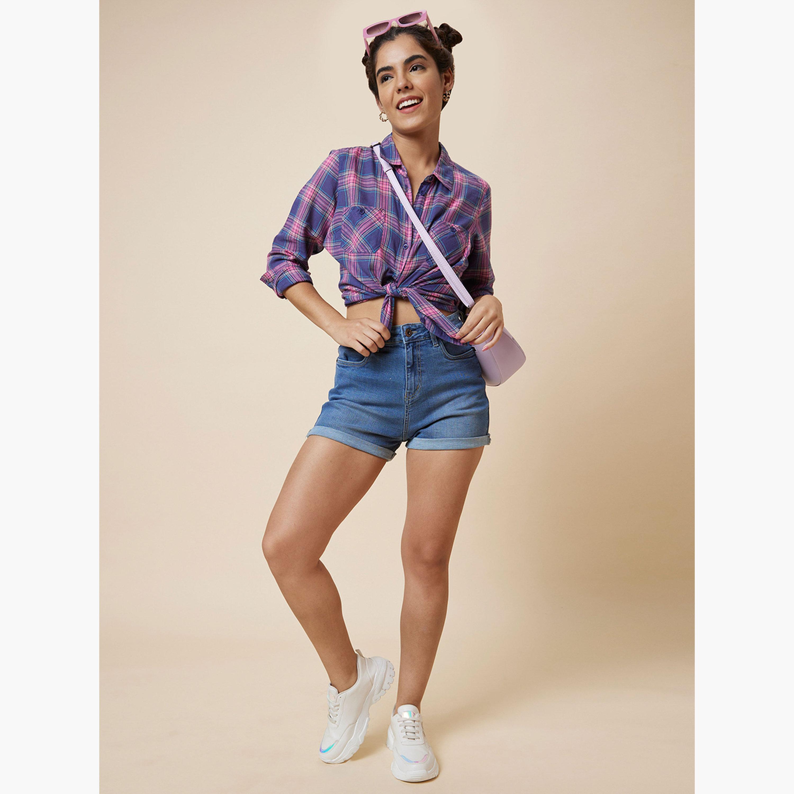 Globus X Styli Blue Regular Fit Denim Shorts-women-clothing-bottoms-shorts-image-3