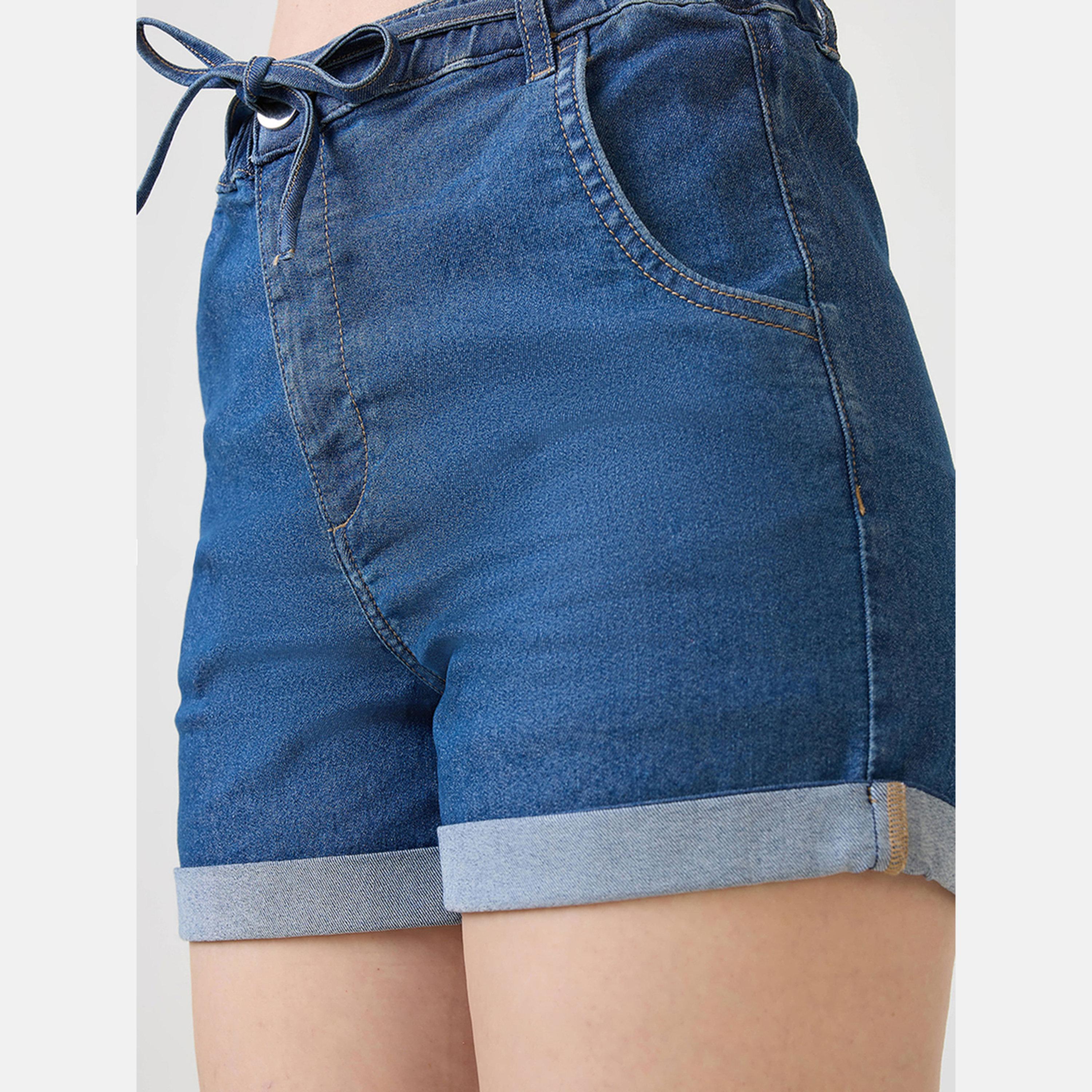 Globus X Styli Women Blue Denim Shorts with Drawstring-women-clothing-bottoms-shorts-image-6