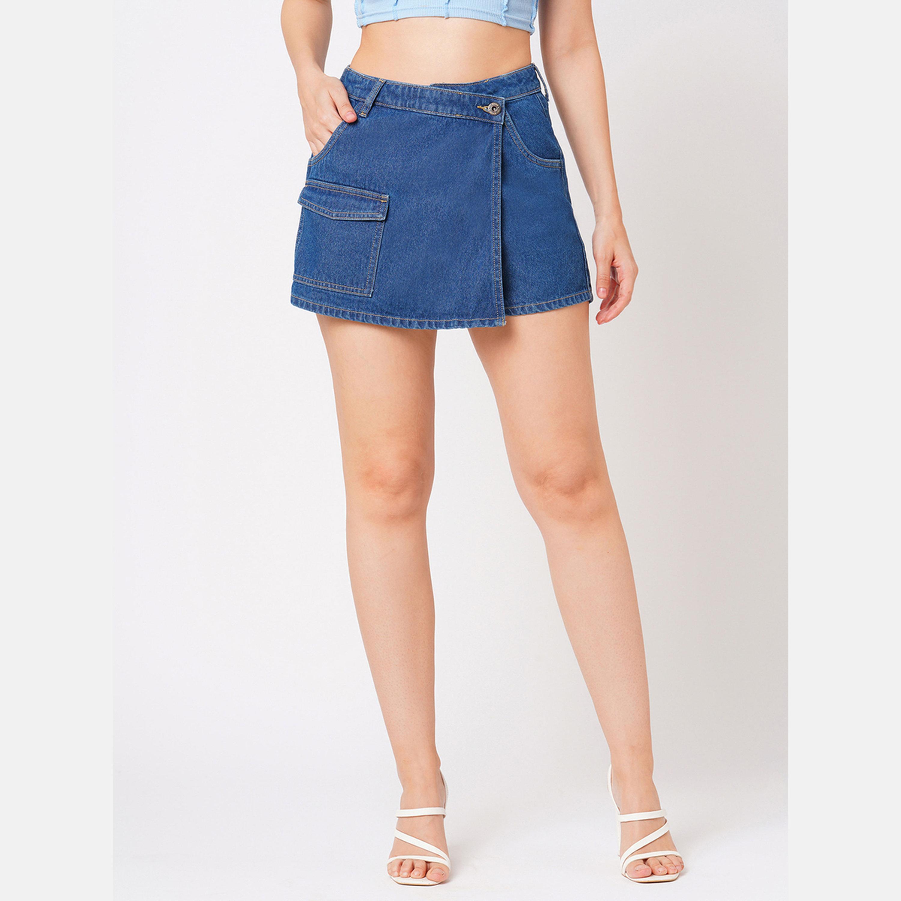 Globus X Styli Blue Denim Wrap Skort with Pocket-women-clothing-bottoms-shorts-image-1