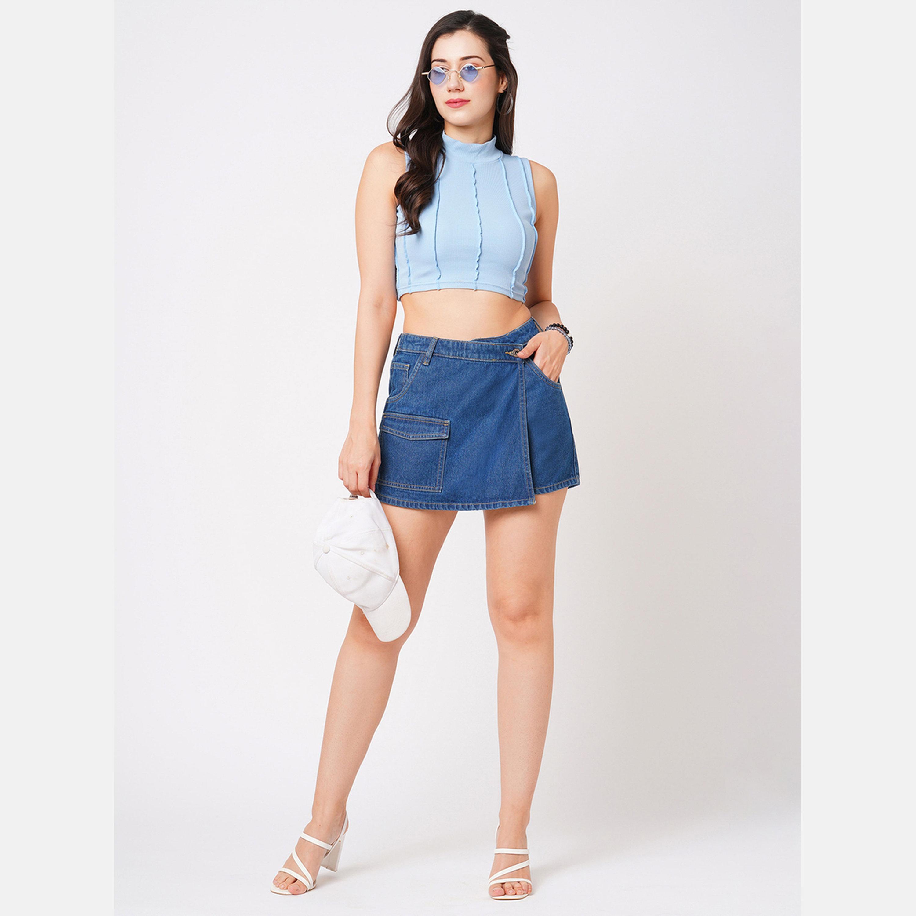 غلوبوص × ستايلي - تنورة دنيم أزرق قصيرة مع جيب-women-clothing-bottoms-shorts-image-2