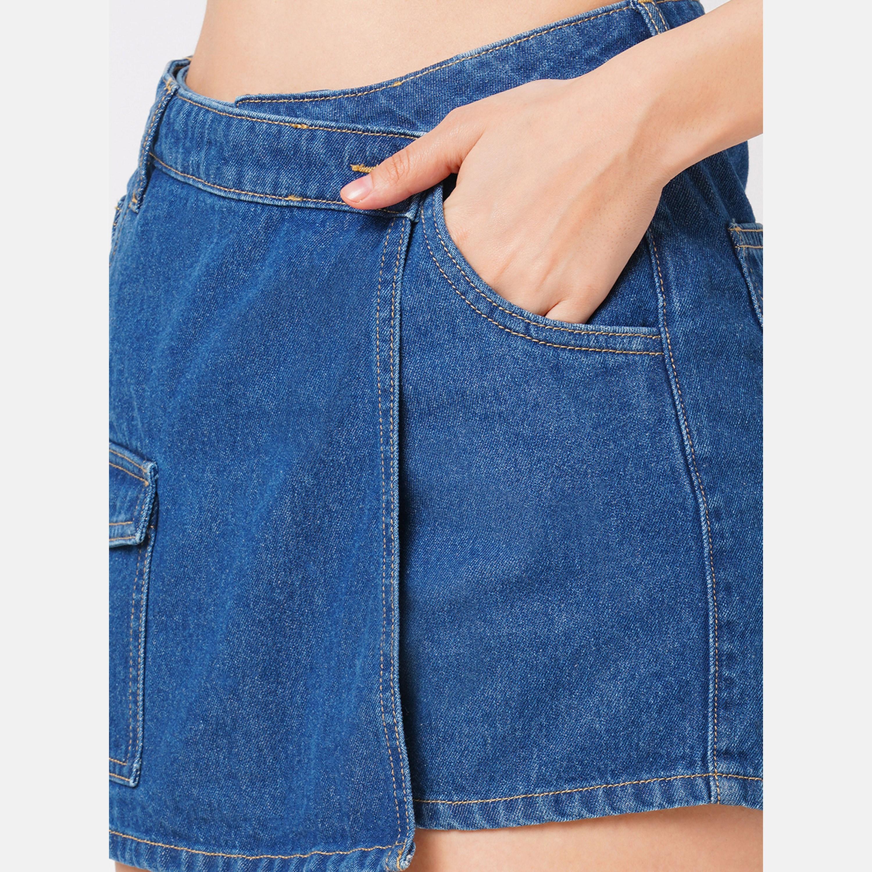 Globus X Styli Blue Denim Wrap Skort with Pocket-women-clothing-bottoms-shorts-image-4