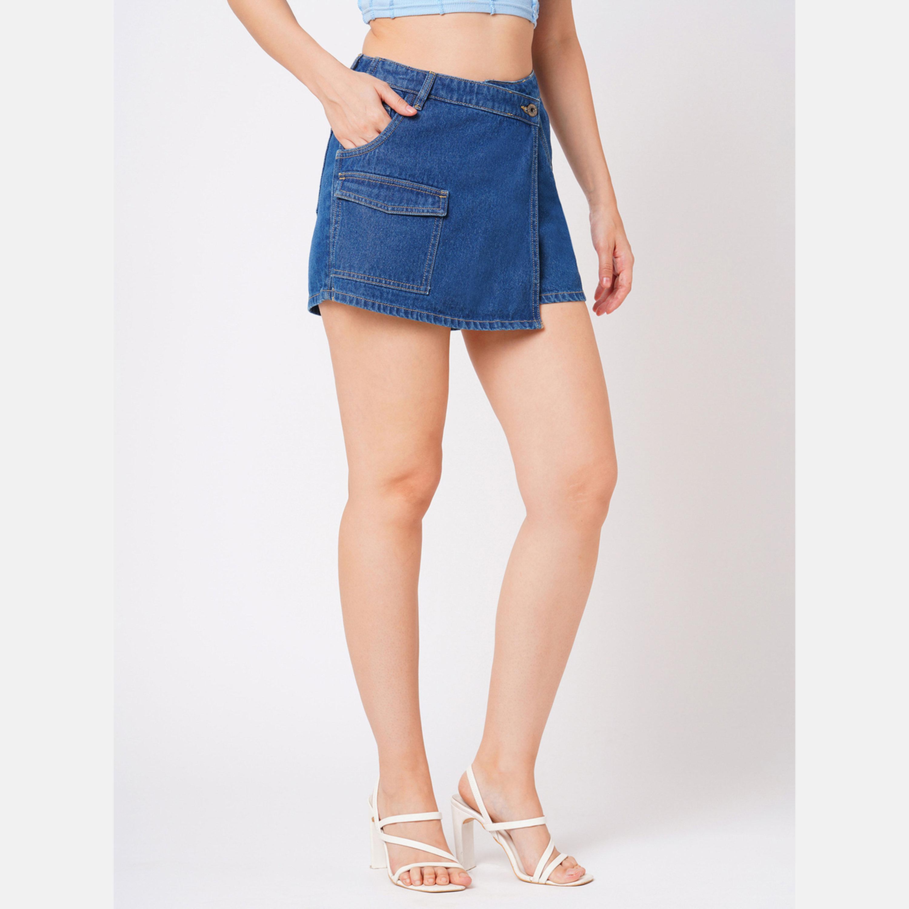 Globus X Styli Blue Denim Wrap Skort with Pocket-women-clothing-bottoms-shorts-image-5