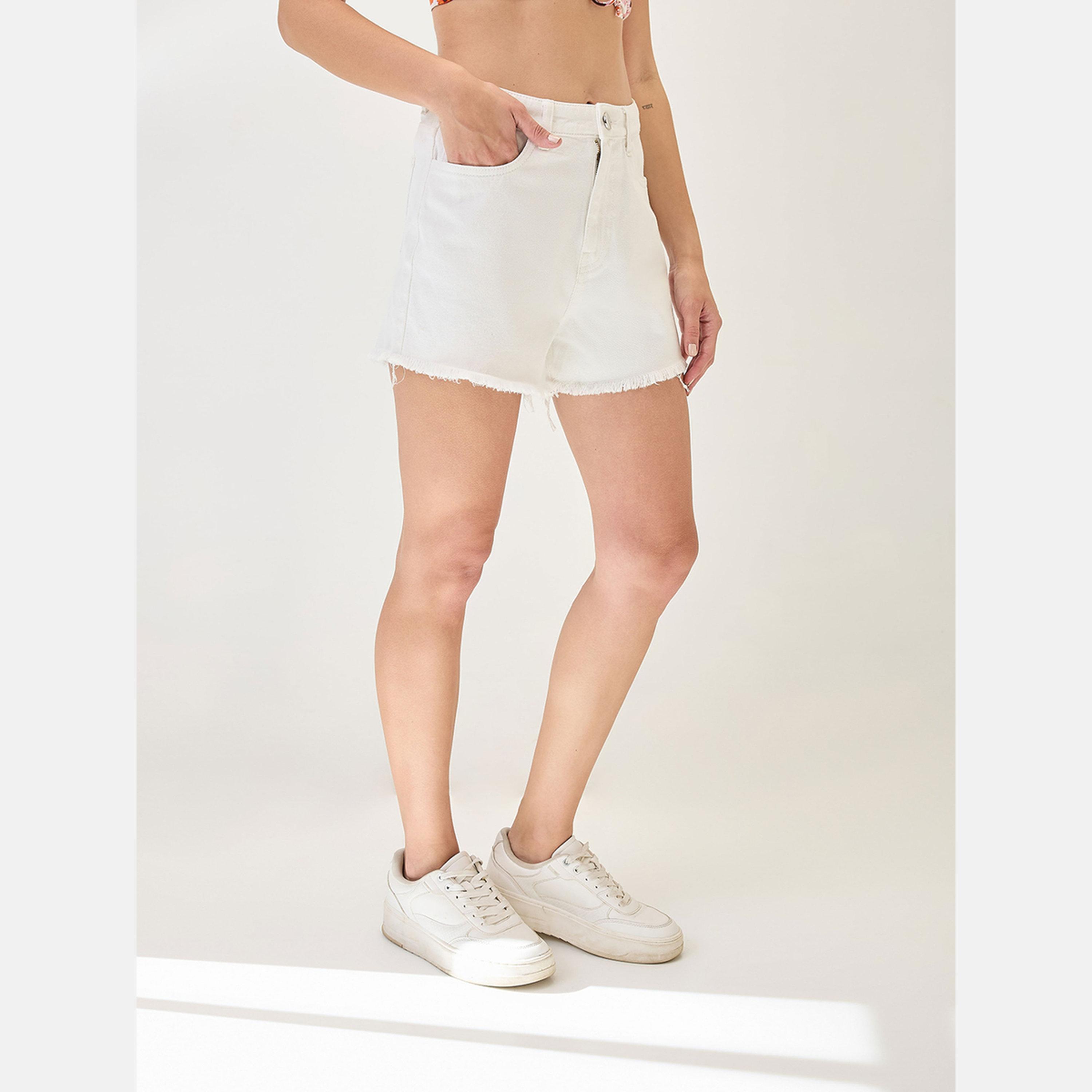 Globus X Styli White Fringed Hem Denim Shorts-women-clothing-bottoms-shorts-image-3