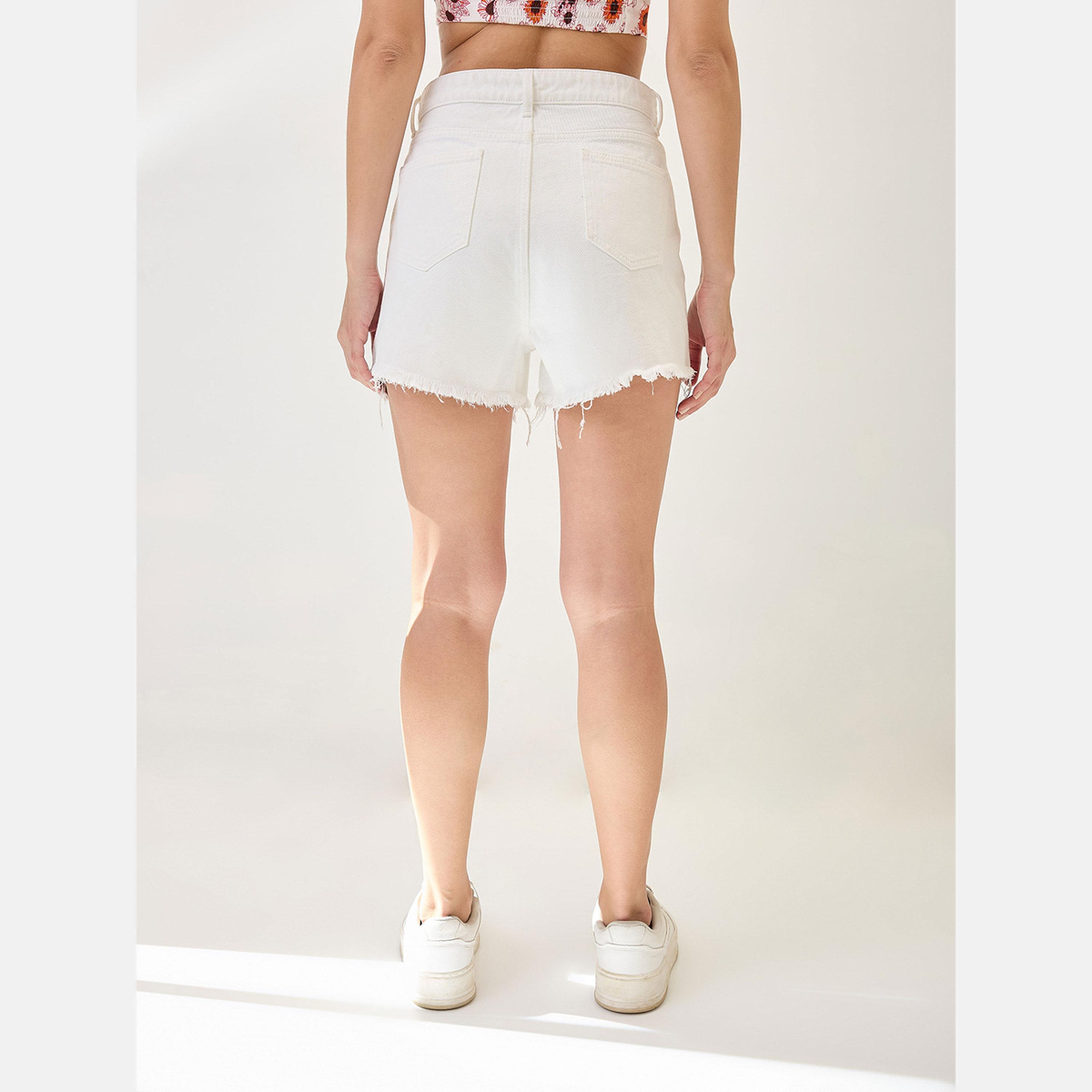 Globus X Styli White Fringed Hem Denim Shorts-women-clothing-bottoms-shorts-image-5
