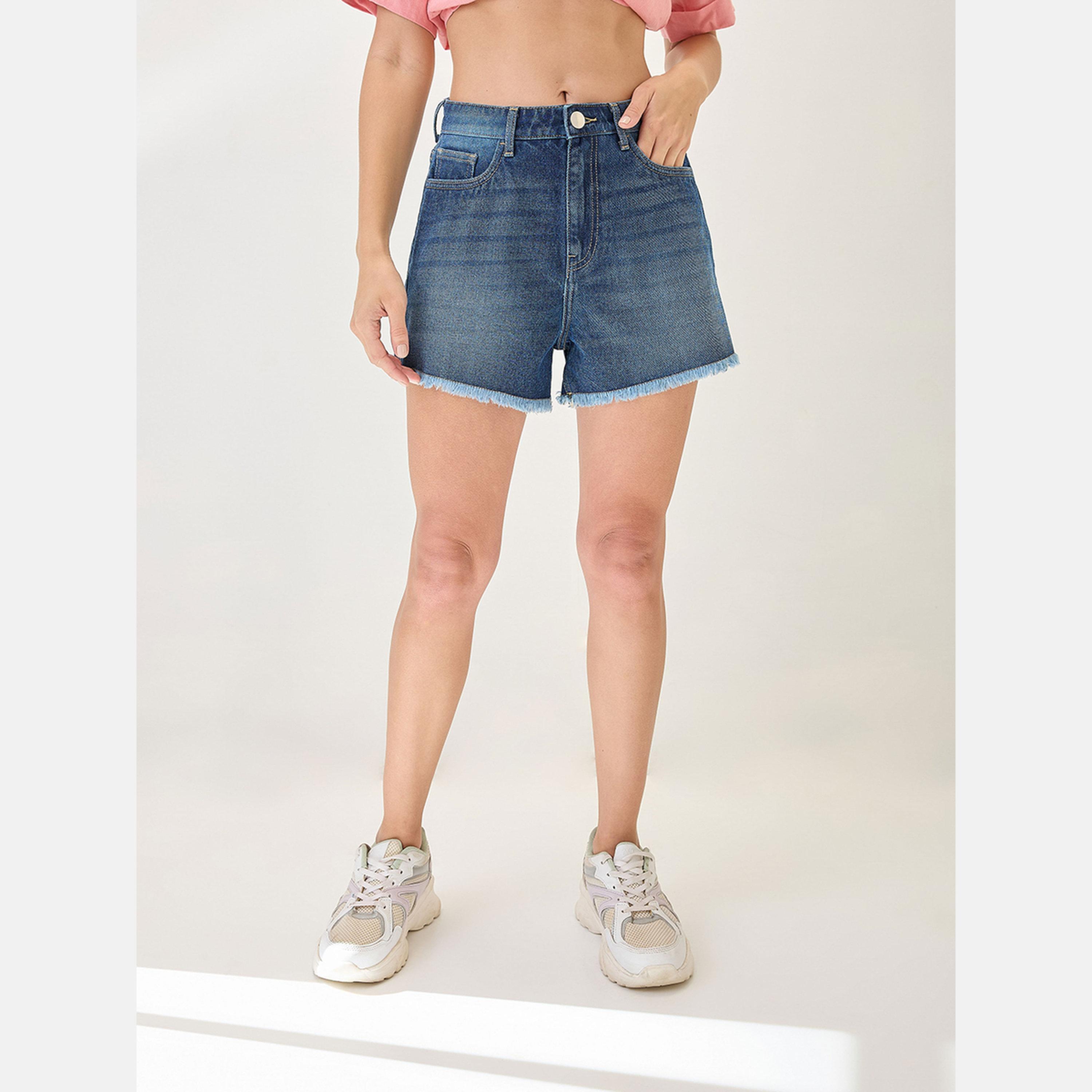 Globus X Styli Blue Fringed Hem Denim Shorts-women-clothing-bottoms-shorts-image-1