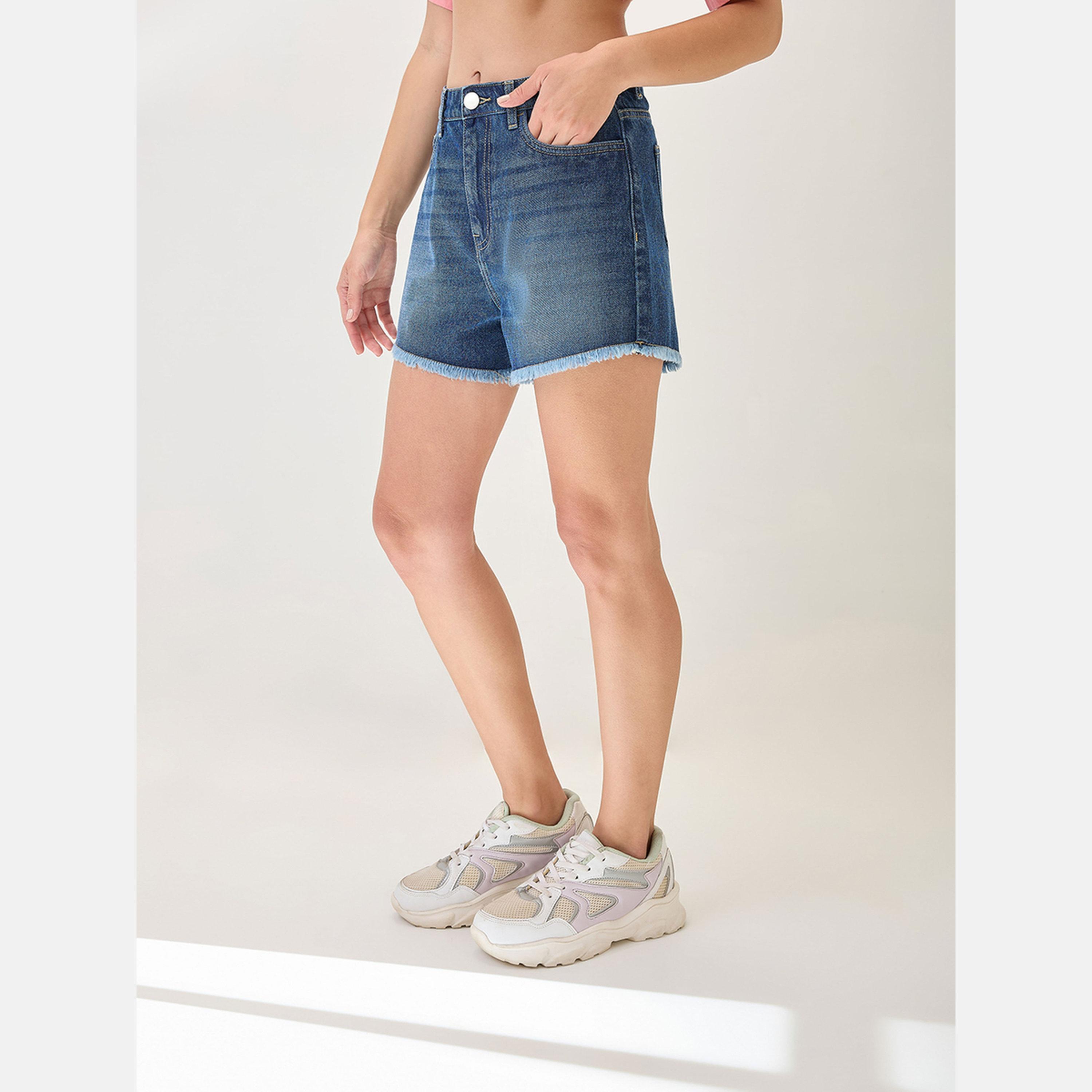 Globus X Styli Blue Fringed Hem Denim Shorts-women-clothing-bottoms-shorts-image-4