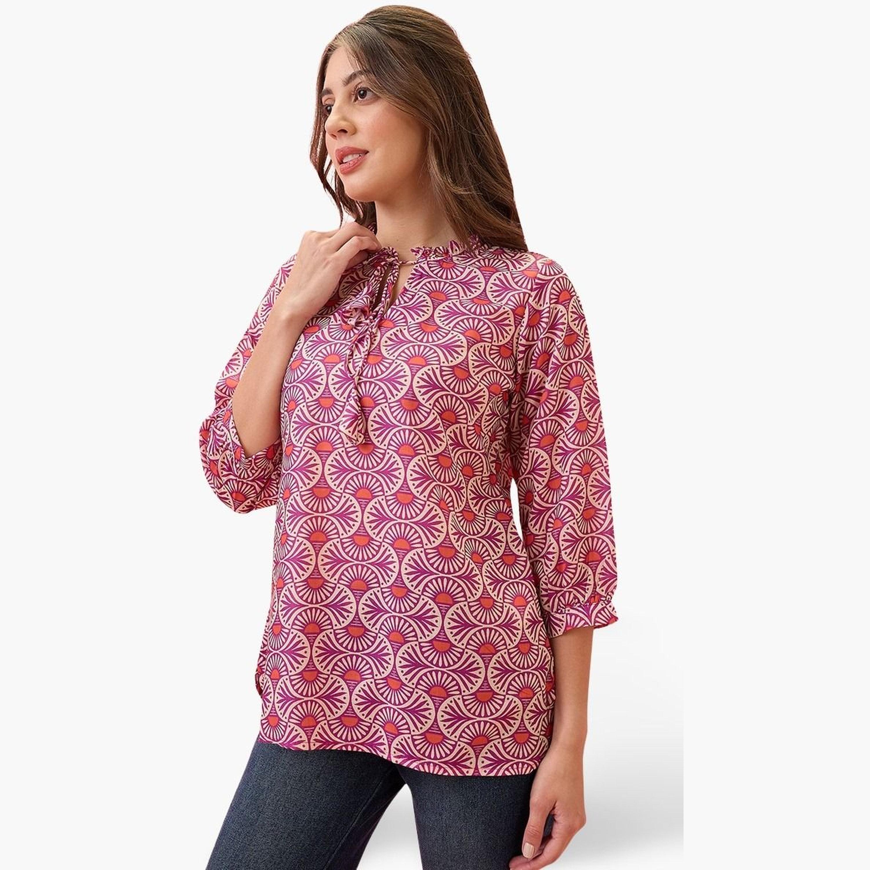 Globus X Styli Tie-Up Neck Ethnic Print Workwear Tunic-women-clothing-shirtsandblouses-blouses-image-1