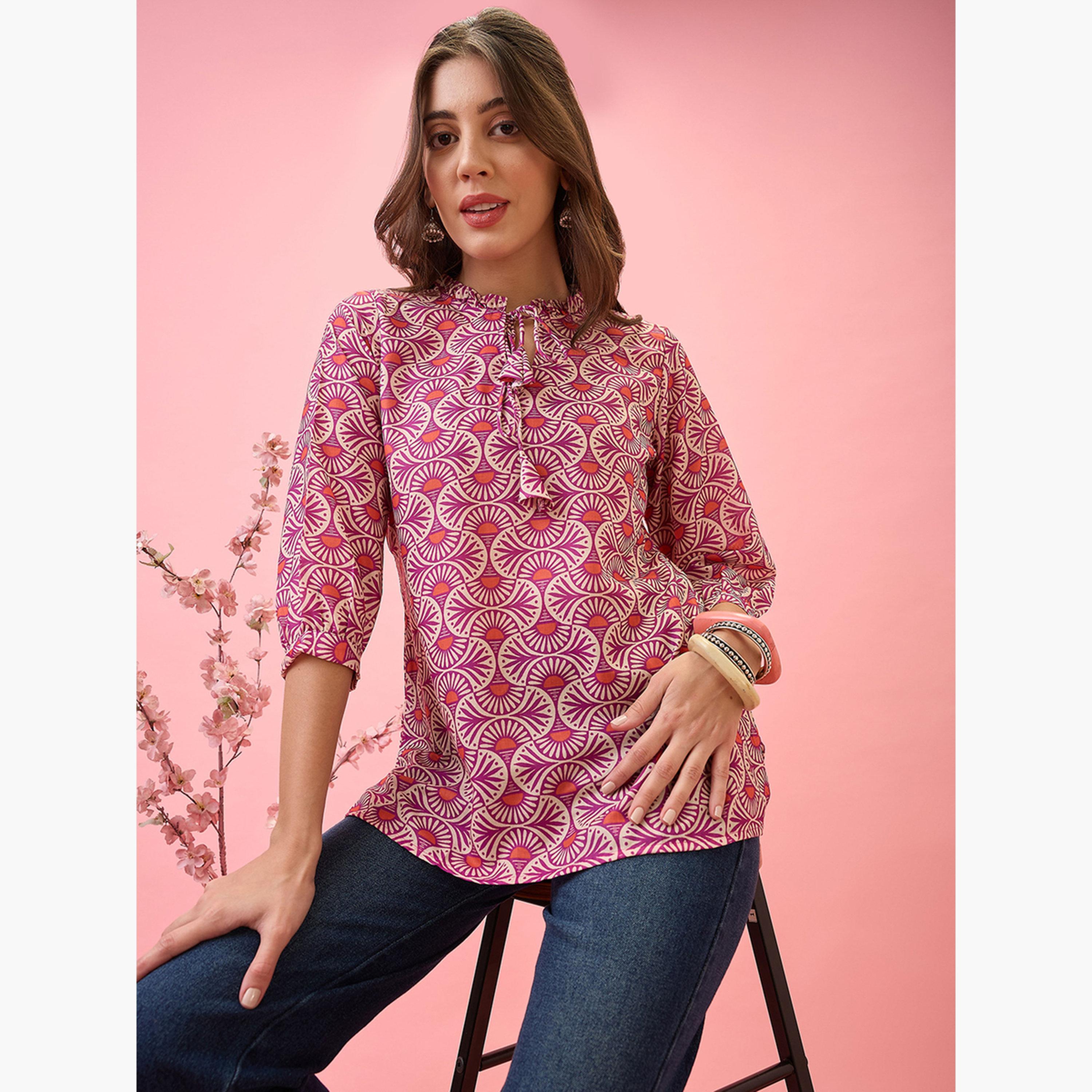 Globus X Styli Tie-Up Neck Ethnic Print Workwear Tunic-women-clothing-shirtsandblouses-blouses-image-4