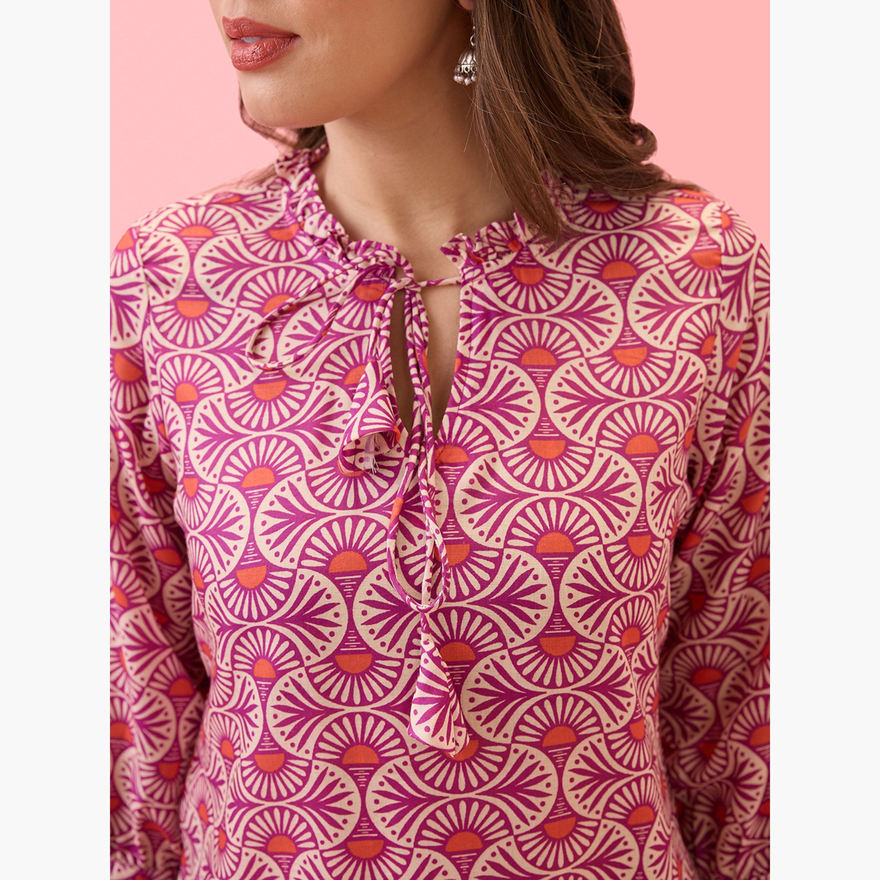 غلوبوص × ستايلي - تونيك بطبعة عرقية مع رباط للرقبة-women-clothing-shirtsandblouses-blouses-image-5