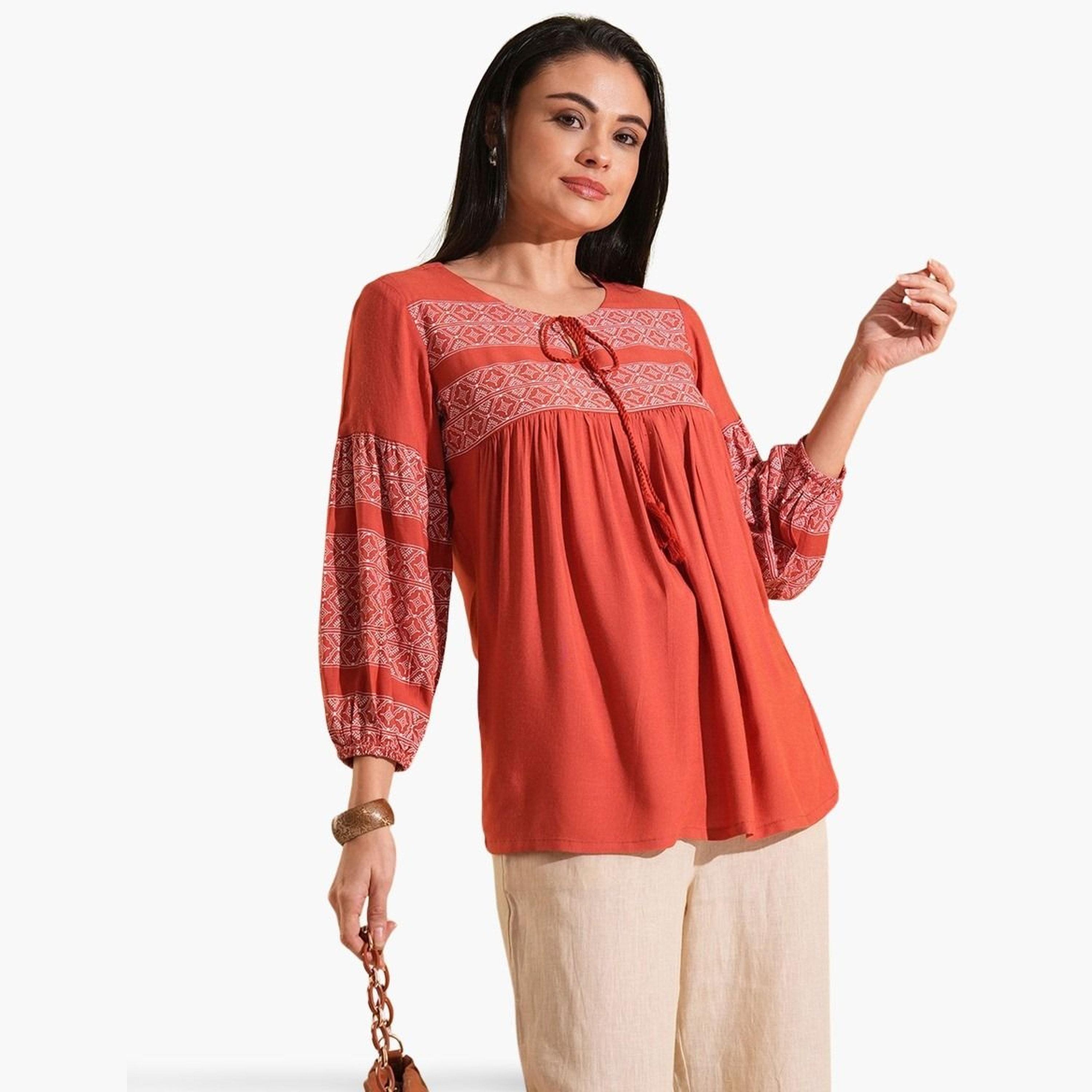غلوبوص × ستايلي - تونيك عمل بتصميم A مطبوع نقشة عرقية-women-clothing-shirtsandblouses-blouses-image-1