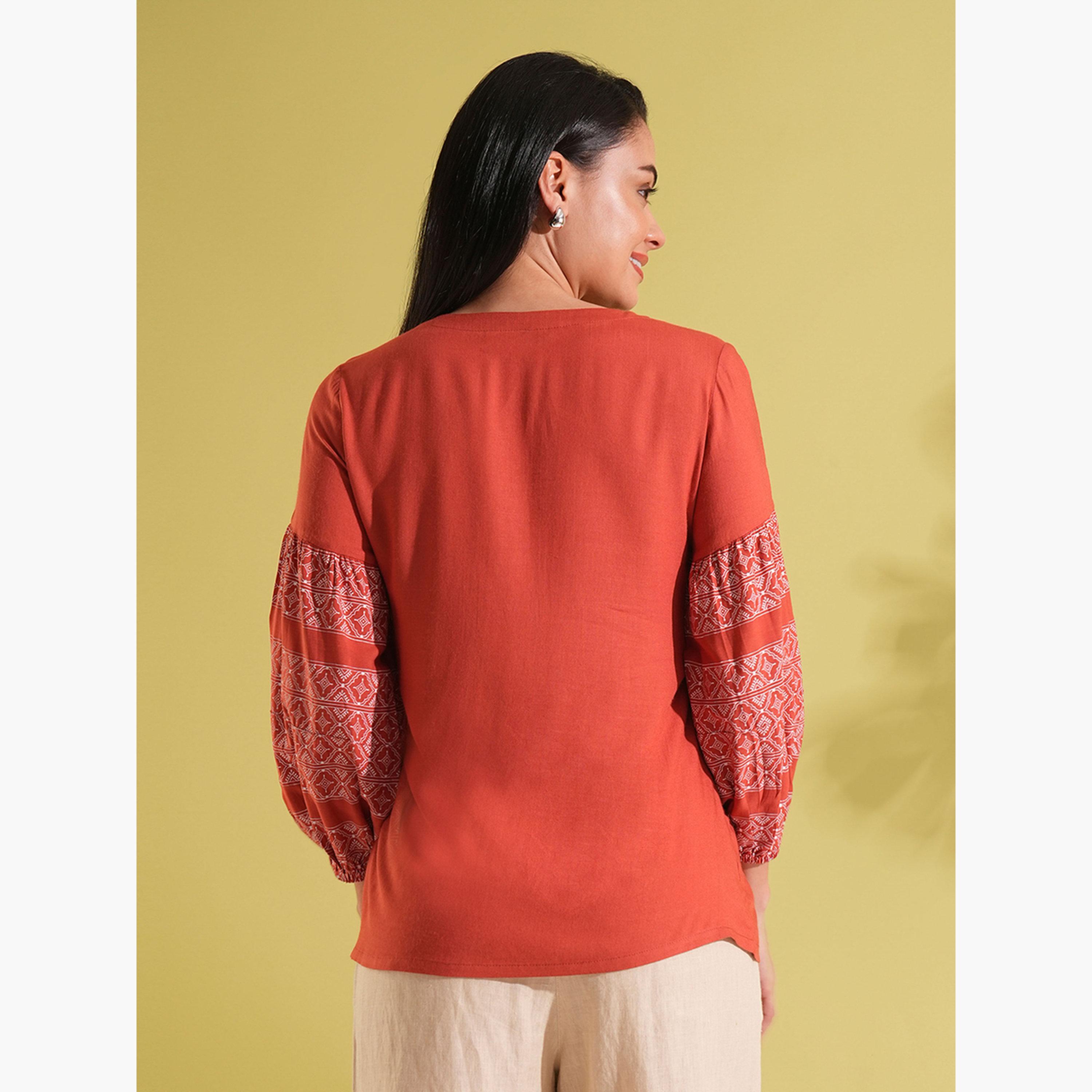 Globus X Styli Ethnic Print Gathered A-Line Workwear Tunic-women-clothing-shirtsandblouses-blouses-image-3