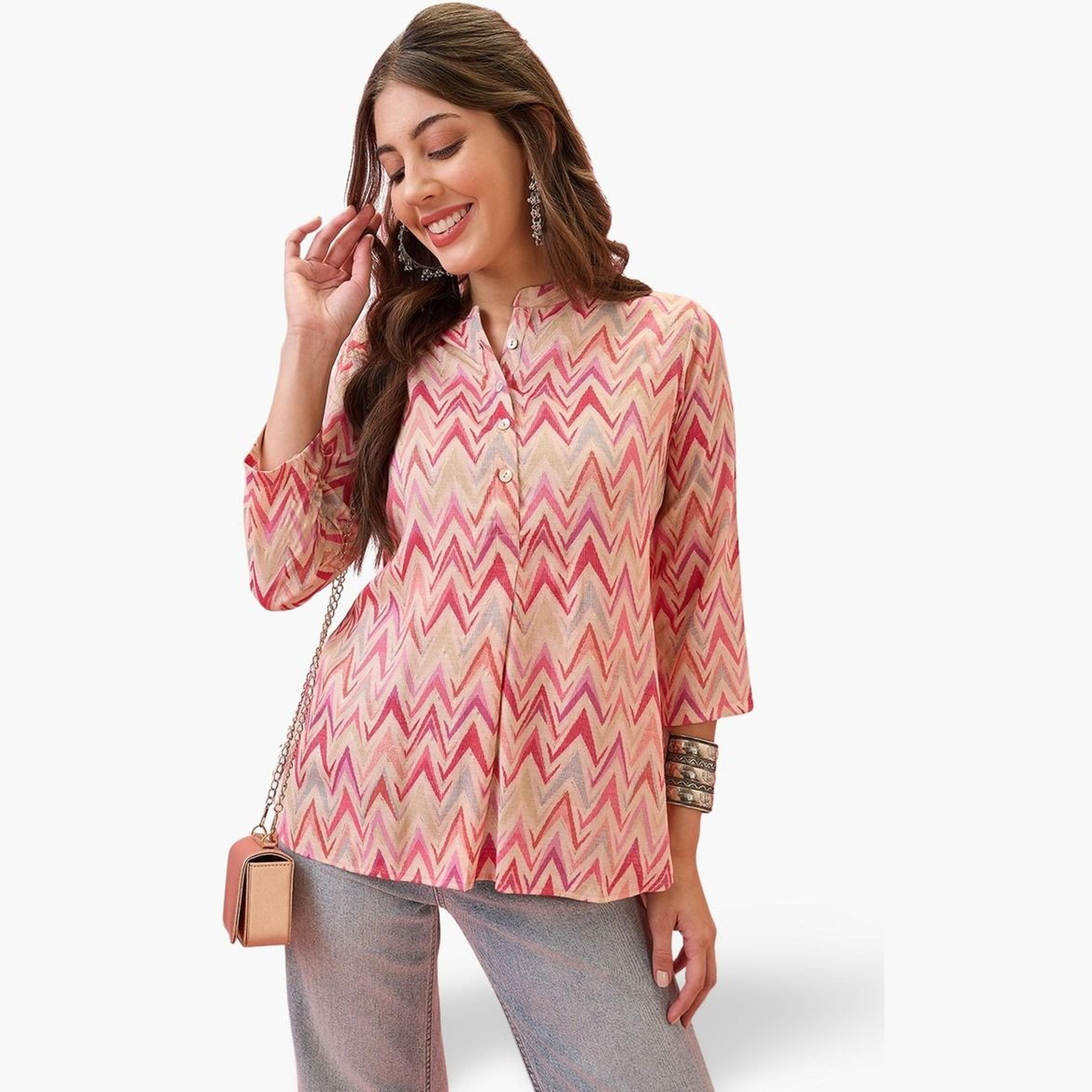 Globus X Styli Chevron Print Mandarin Collar Workwear Tunic-women-clothing-shirtsandblouses-blouses-image-1