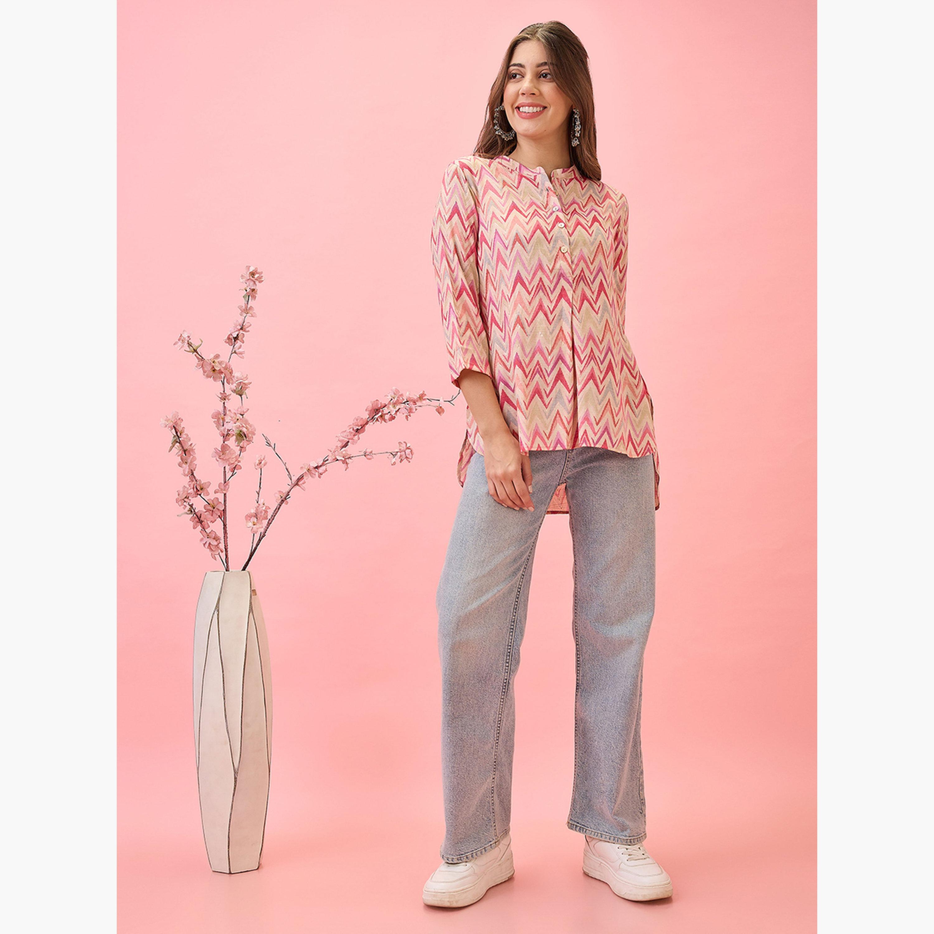 Globus X Styli Chevron Print Mandarin Collar Workwear Tunic-women-clothing-shirtsandblouses-blouses-image-2