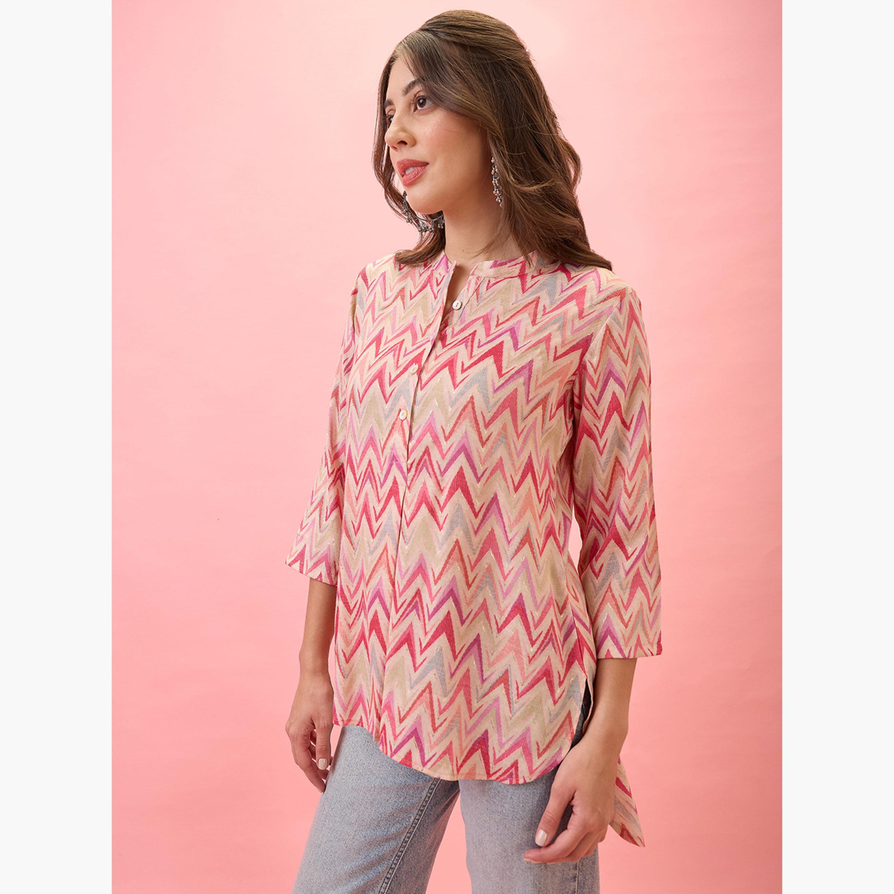 Globus X Styli Chevron Print Mandarin Collar Workwear Tunic-women-clothing-shirtsandblouses-blouses-image-4