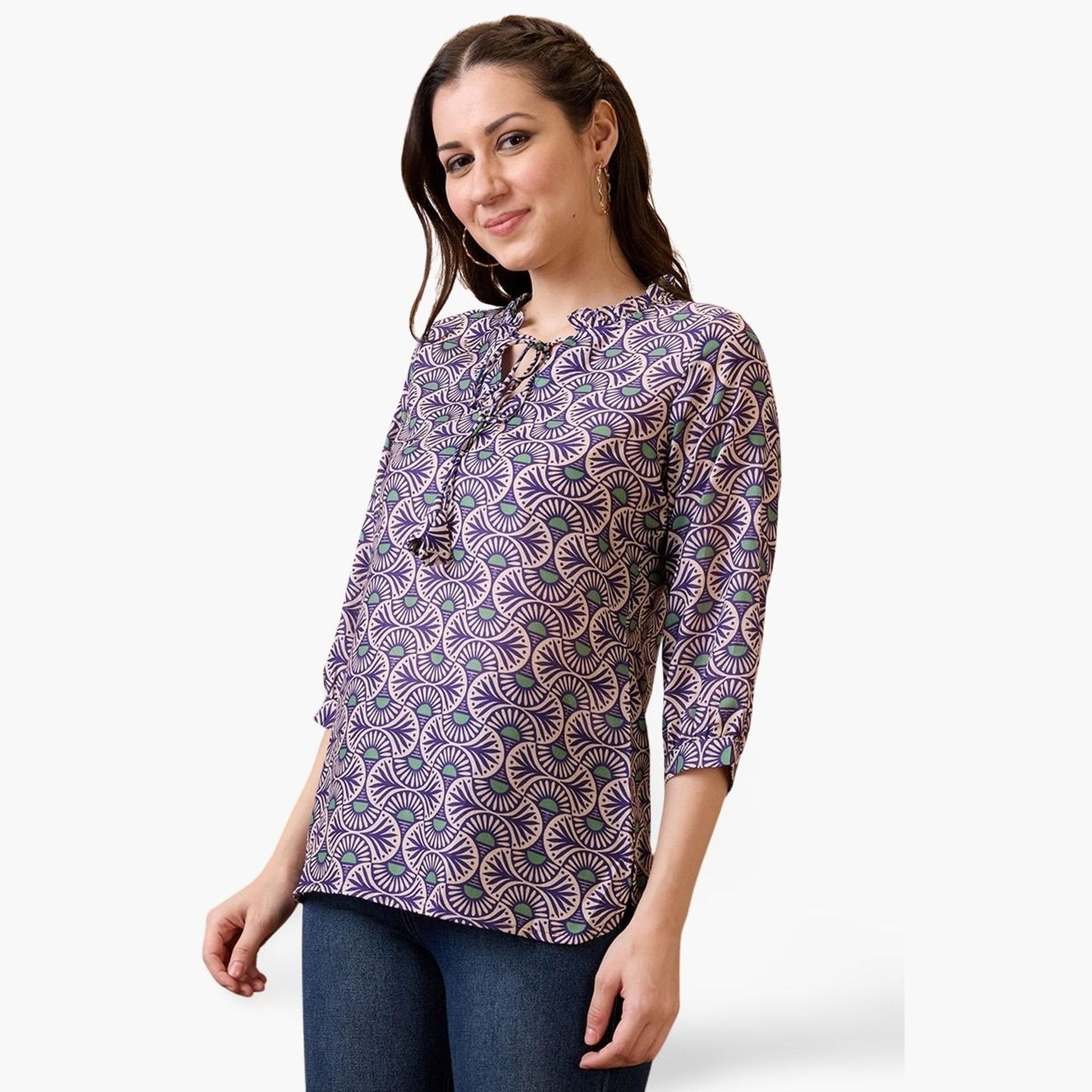 Globus X Styli Tie-Up Neck Ethnic Print Workwear Tunic-women-clothing-shirtsandblouses-blouses-image-1