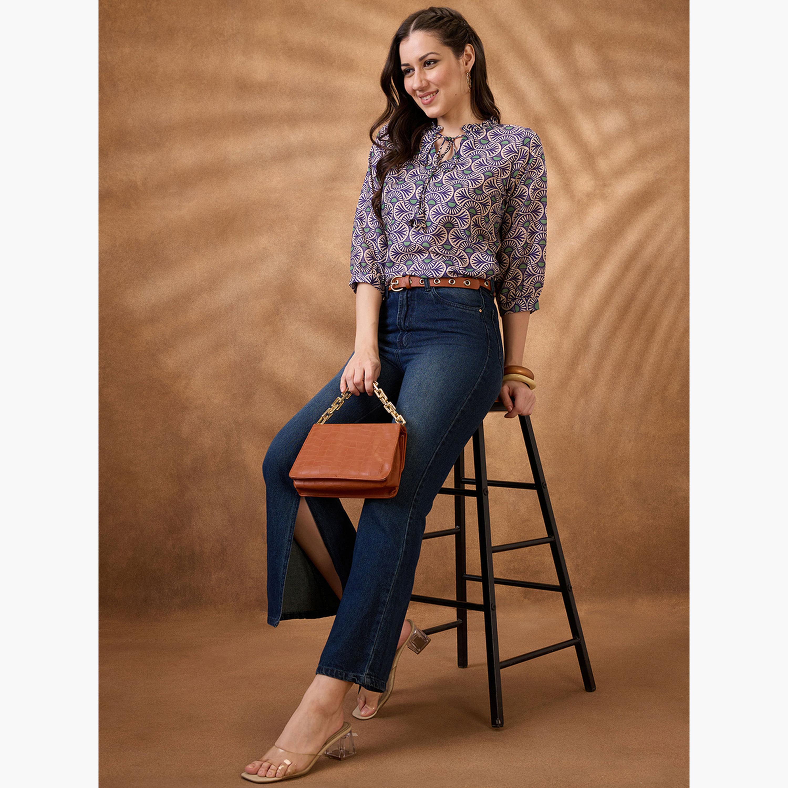 Globus X Styli Tie-Up Neck Ethnic Print Workwear Tunic-women-clothing-shirtsandblouses-blouses-image-2