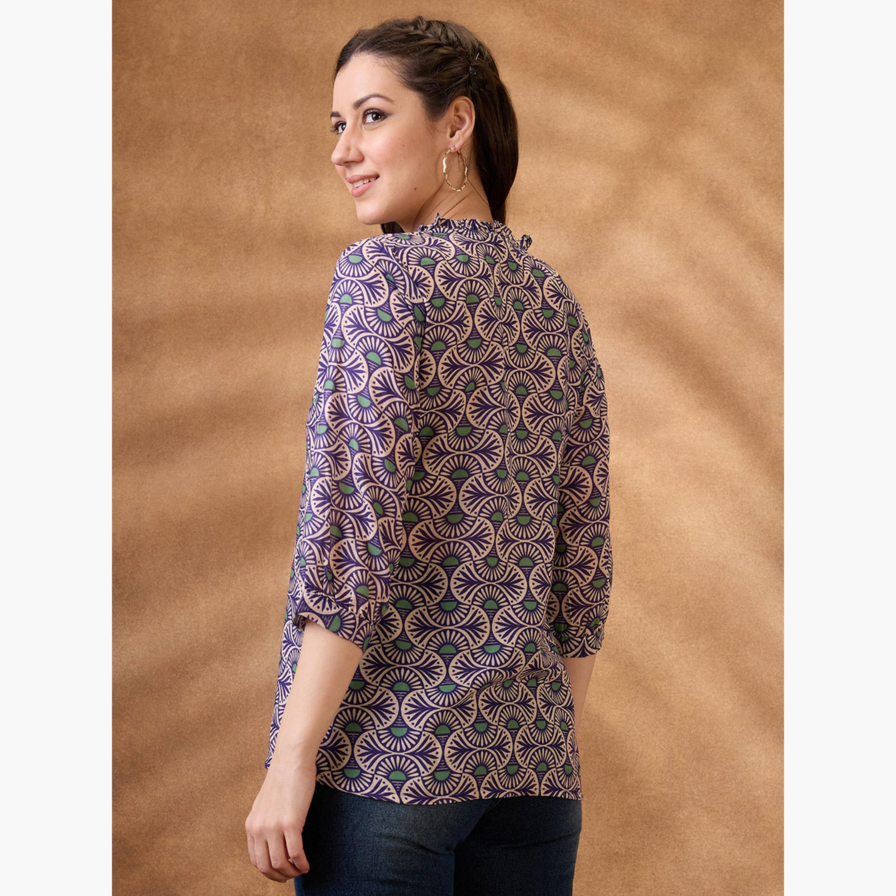 غلوبوص × ستايلي - تونيك بطبعة عرقية مع رباط للرقبة-women-clothing-shirtsandblouses-blouses-image-3